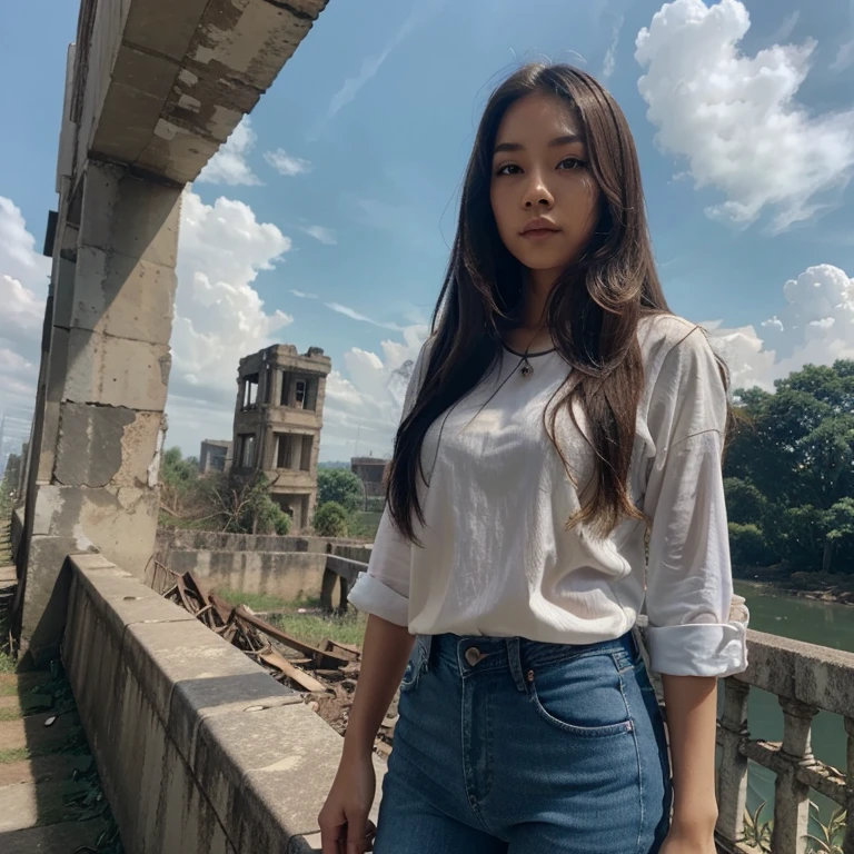 Thai Woman, look at viewer, long hair, shirt, jeans, cloud, day, sky,outdoors, post-apocalypse, ruins, scenery, tree, water,