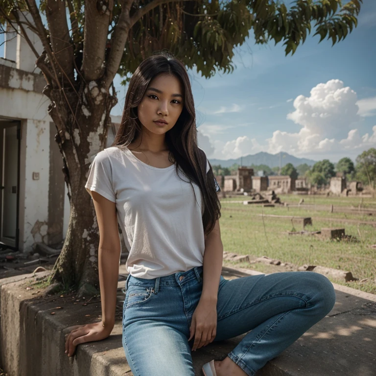 Thai Woman, look at viewer, long hair, shirt, jeans, cloud, day, sky,outdoors, post-apocalypse, ruins, scenery, tree, water,