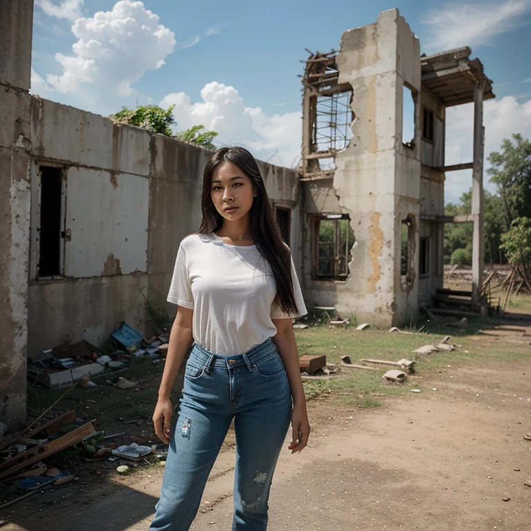 Thai Woman, look at viewer, long hair, shirt, jeans, cloud, day, sky,outdoors, post-apocalypse, ruins, scenery, tree, water,