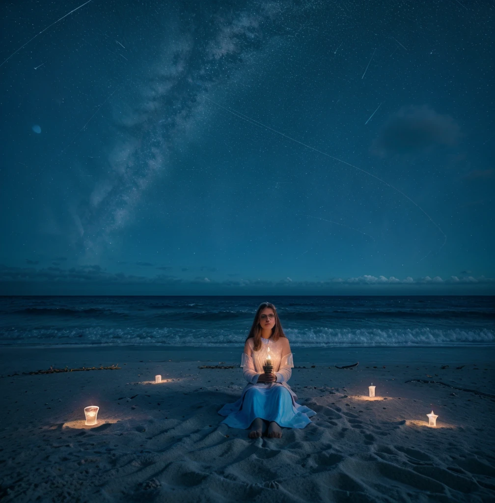 una mujer sentada en la playa con velas en la arena, sitting in the cosmic sky, en el plano astral ) ) ), sentado en la playa por la noche, Tranquilidad de las estrellas infinitas, Magical Feeling Vibrations, floating across the cosmic ocean, flotando en el universo, flotando entre las estrellas, ethereal lights, bajo un mar de estrellas, « Femme on a galactic shore