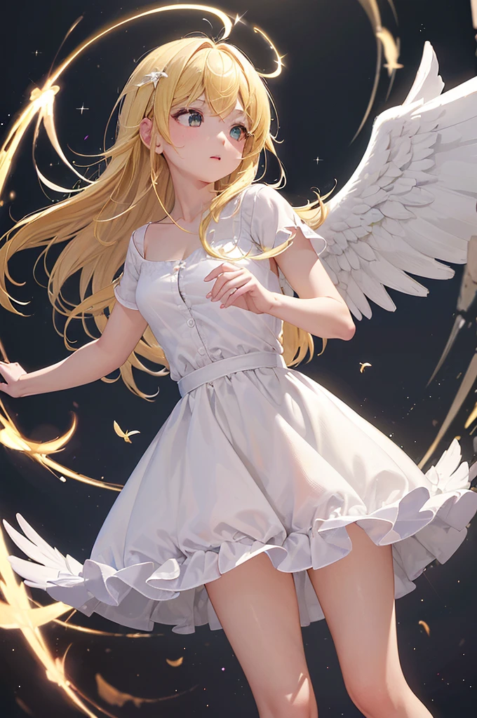 obra maestra, (Mejor calidad:1.2), [:detalles intrincados:0.2], 1 chica, pechos grandes, angel, angel wings, volantes blancos, (cielo diurno), Aura brillante, intense concentration, crackling energy, mysterious symbols, motas brillantes,
