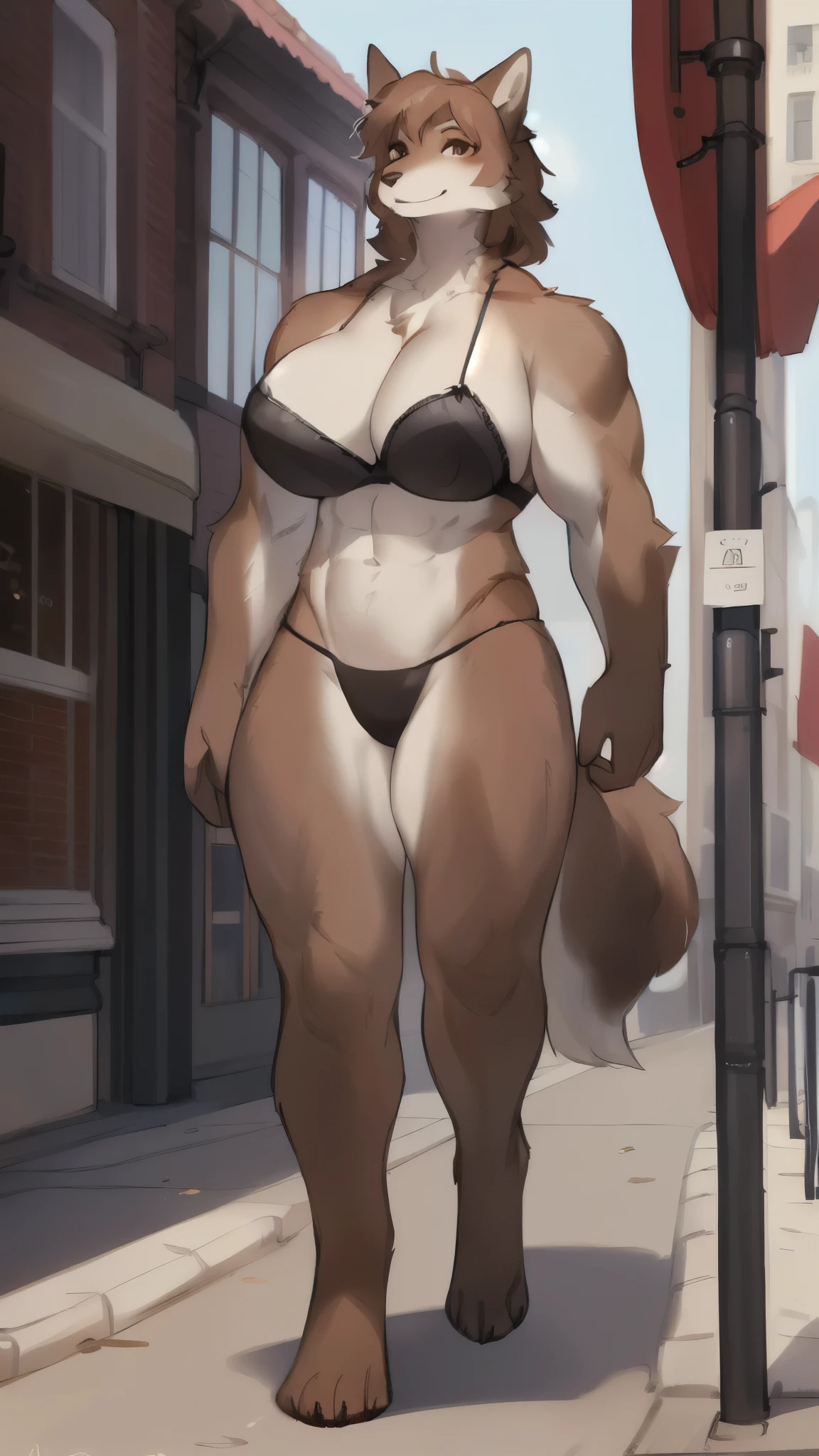 by bebebebebe, by spuydjeks, by lostgoose, solo, standing, female, (((muscular, buff, strong, broad shoulders))), big biceps, big breasts, long legs, street, canine, ((hair, snout)), looking at viewer, detailed eyes, brown wolf, thong, bra