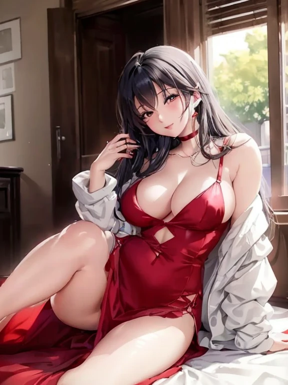 a close up of a woman in a red dress sitting on a bed, seductive anime girl, Beautiful and touching anime woman, Beautiful and touching anime , attractive anime girl, Rin Harusaka, beautiful anime girl, Beautiful anime woman, Smooth anime CG art, digital animation art, Chen Sumi, edge anime style, anime girl, Very fat