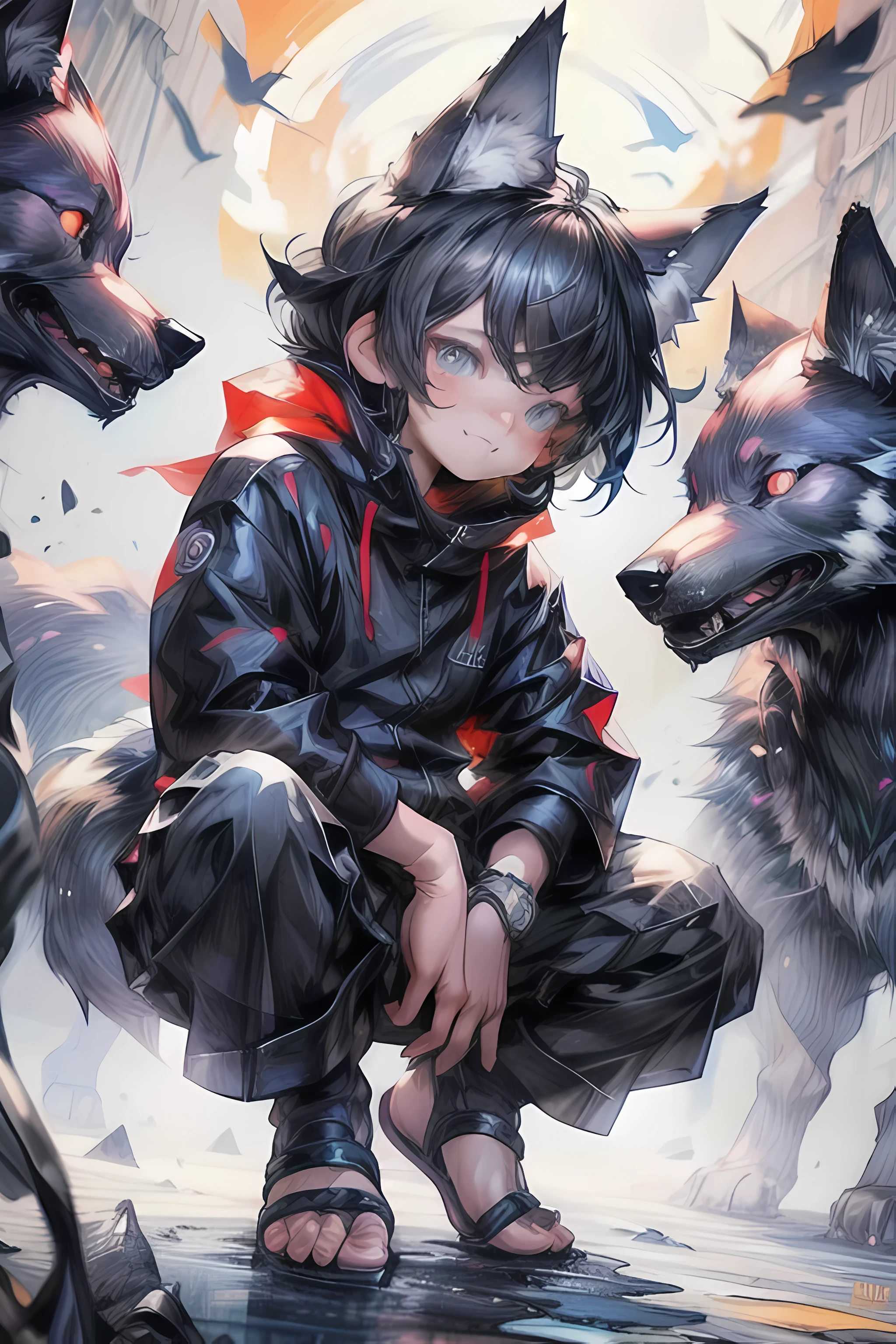 (1boy), (Shota), (HD quality, masterpiece level), cute character, dark gray hair, blue eyes, (wolf ears), (wolf tail), one tail, (no ears), **********, (ears covered), (hair covered ears), a pinch of blue bangs, full body picture, chubby face, happy, cute feet, cute face, solo, cinematic lighting,