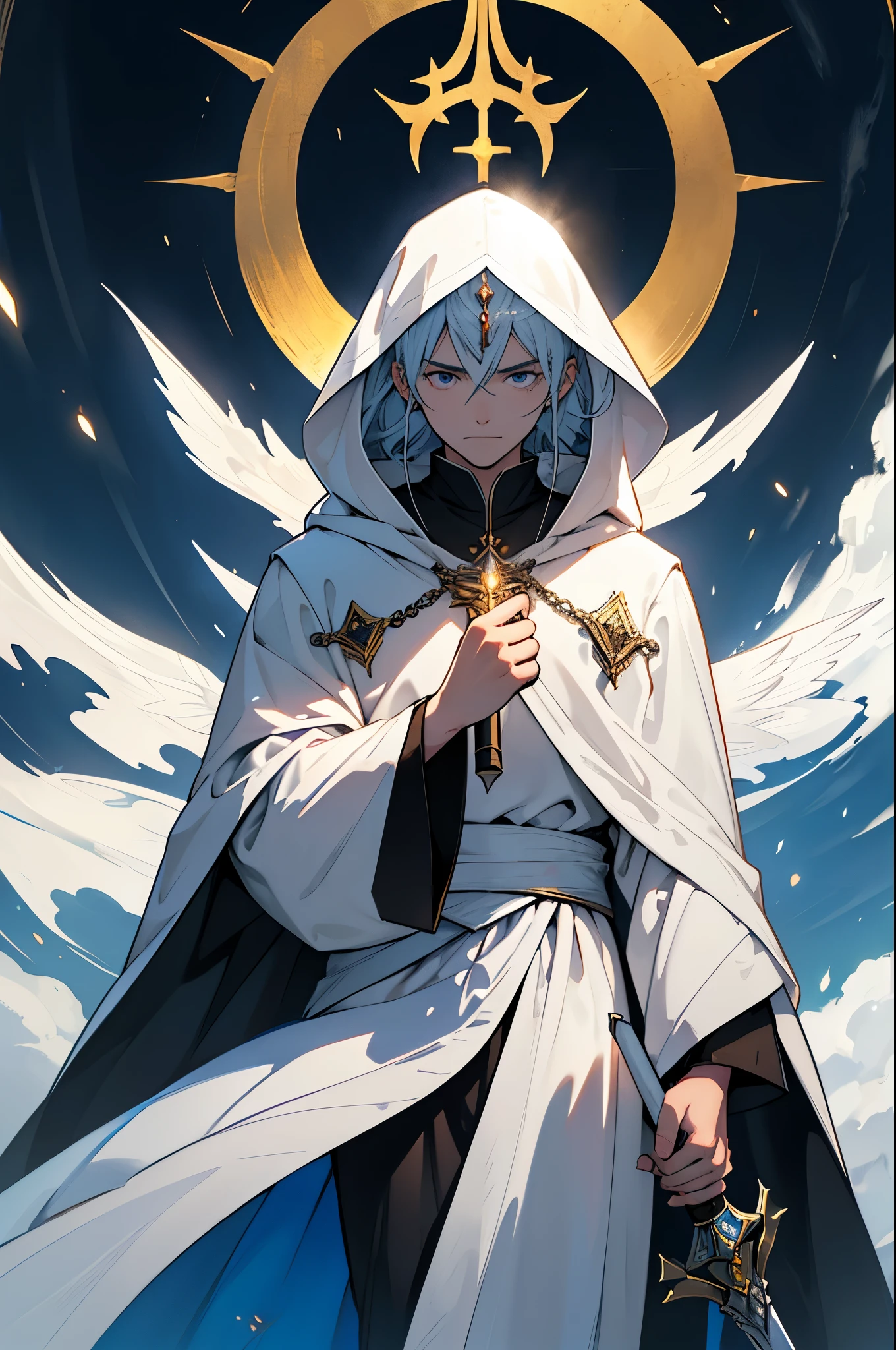 You are a devout cleric, dressed in a black tunic that contrasts with his white cloak, symbol of your purity and commitment to the light. In your hand, segura um cetro adornado com um cristal radiante, a sacred weapon that emanates power to combat the demonic forces that plague the world.

Seu cetro, feito com esmero e gravado com runas ancestrais, It is an extension of your faith and divine abilities. O cristal no topo brilha com uma intensidade divina, radiating a light capable of purifying darkness and driving away evil beings that dare to challenge your determination.

Under the weight of the dark robe, hide the secrets of the sacred rituals you perform to channel divine power, while the white cloak that surrounds him represents his connection with purity and heavenly protection.

You face demonic threats with courage, skillfully brandishing his scepter and casting sacred spells that call upon light to repel the shadows that seek to consume the world. Your eyes reflect the determination of a guardian of faith, pronto para enfrentar qualquer desafio e proteger aqueles que buscam abrigo na luz divina.

Diante do mal, you rise like a beacon of hope, a tireless protector who stands firm in the battle between darkness and light, always ready to defend order and peace with his scepter and his unshakable devotion.
