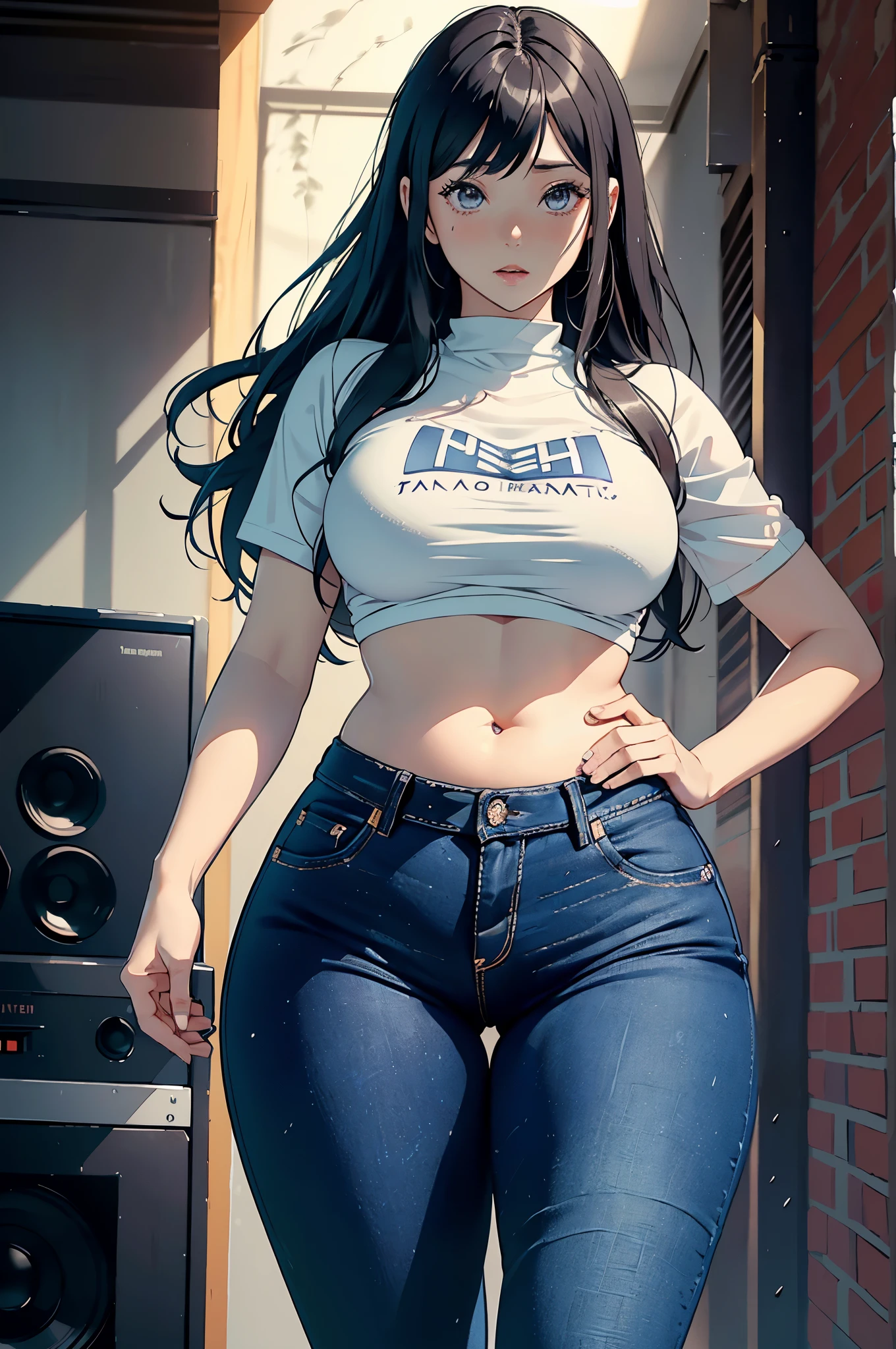 (Hinata Hinata, Very , wearing tight clothes, big, Thick legs, Wearing extremely tight jeans, wearing a mini shirt, There  leakage in the belly button, long hair, Speakers at the back, Very realista, Very, 8k, 8K  extremely detailed), (extremely delicate and beautiful), (masterpiece), (better quality: 1.0), (ultra high definition:1.0)