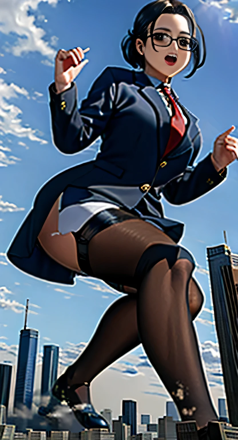 Giant娘 art, surreal high school girl, 非常に詳細なGiantショット, Giant, short hair, a huge high school girl、'It's much bigger than a skyscraper, wearing rimless glasses, big breasts, big ass, navy blue blazer, red tie, mini length skirt, black pantyhose, Don't wear shoes., miniature metropolis, attacked by very small fighter jets, GTS, giga Giant娘, Giant娘, fighter plane crash, small fighter, micro fighter,