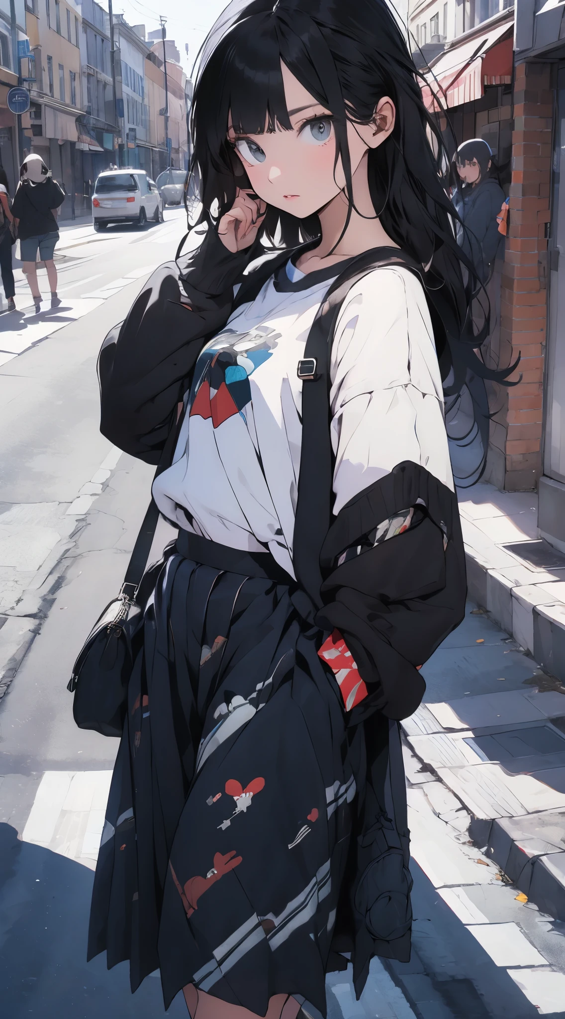 fashionable, long black hair, soft expression, split, , skirt, streetwear, on the street, cowboy shooting