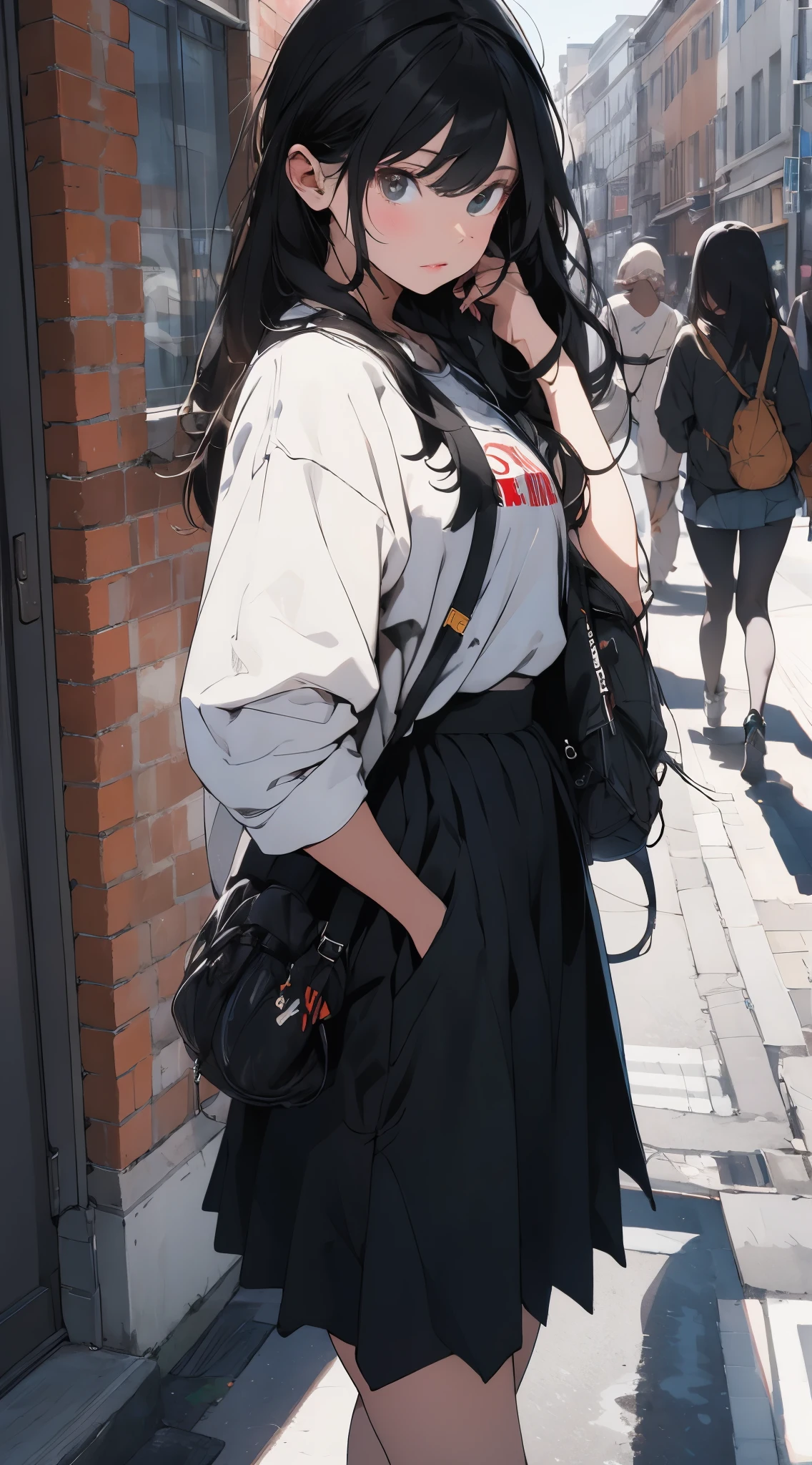 fashionable, long black hair, soft expression, split, , skirt, streetwear, on the street, cowboy shooting