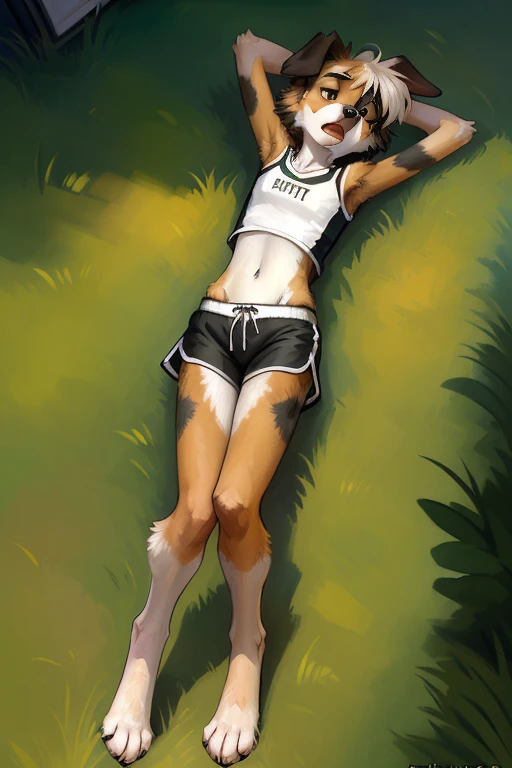solo, ((Australian shepard)), male, slender, ((twink)), detailed, uploaded to e621, beautiful and detailed portrait of an anthropomorphic boy, short hair, kenket, digitigrade legs, very fluffy detailed fur, fluffy tail, (detailed very thick black eye liner, black eye shadow), visible breath, ribs and hip bones, (girls track uniform, loose running shorts pulled down, waist band pulled down, pubic hair), sweaty, damp clothes, school track, small bulge, fluffy hips showing, laying on back, laying in grass, exhausted, tired eyes, mouth open