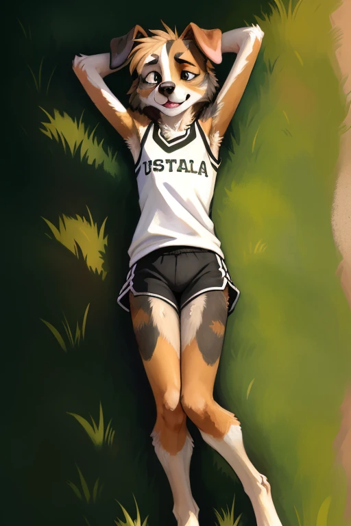 solo, ((Australian shepard)), male, slender, ((twink)), detailed, uploaded to e621, beautiful and detailed portrait of an anthropomorphic boy, short hair, kenket, digitigrade legs, very fluffy detailed fur, fluffy tail, (detailed very thick black eye liner, black eye shadow), visible breath, ribs and hip bones, (girls track uniform, loose running shorts pulled down, waist band pulled down, pubic hair), sweaty, damp clothes, school track, small bulge, fluffy hips showing, laying on back, laying in grass, exhausted, tired eyes, mouth open