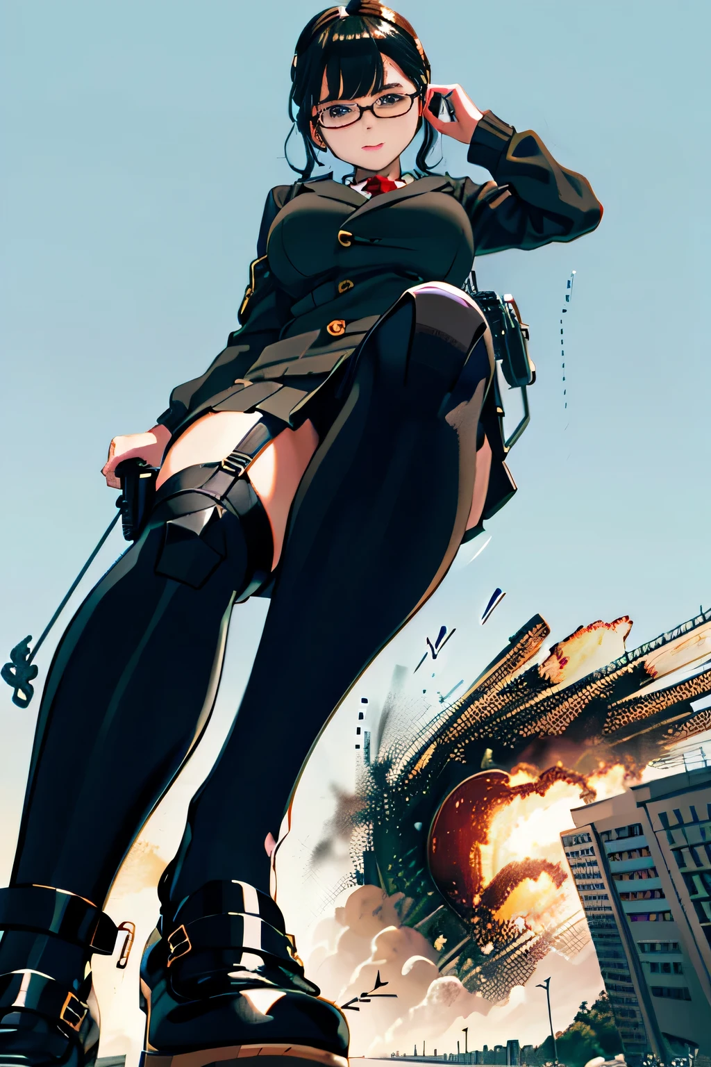 Giant娘 art, surreal high school girl, 非常に詳細なGiantショット, Giant, short hair, a huge high school girl、'It's much bigger than a skyscraper, wearing rimless glasses, big breasts, big ass, navy blue blazer, red tie, mini length skirt, black pantyhose, Don't wear shoes., miniature metropolis, 私たちは非常にsmall battleshipに攻撃されています., GTS, giga Giant娘, Giant娘, crashed battleship, small battleship, micro battleship,