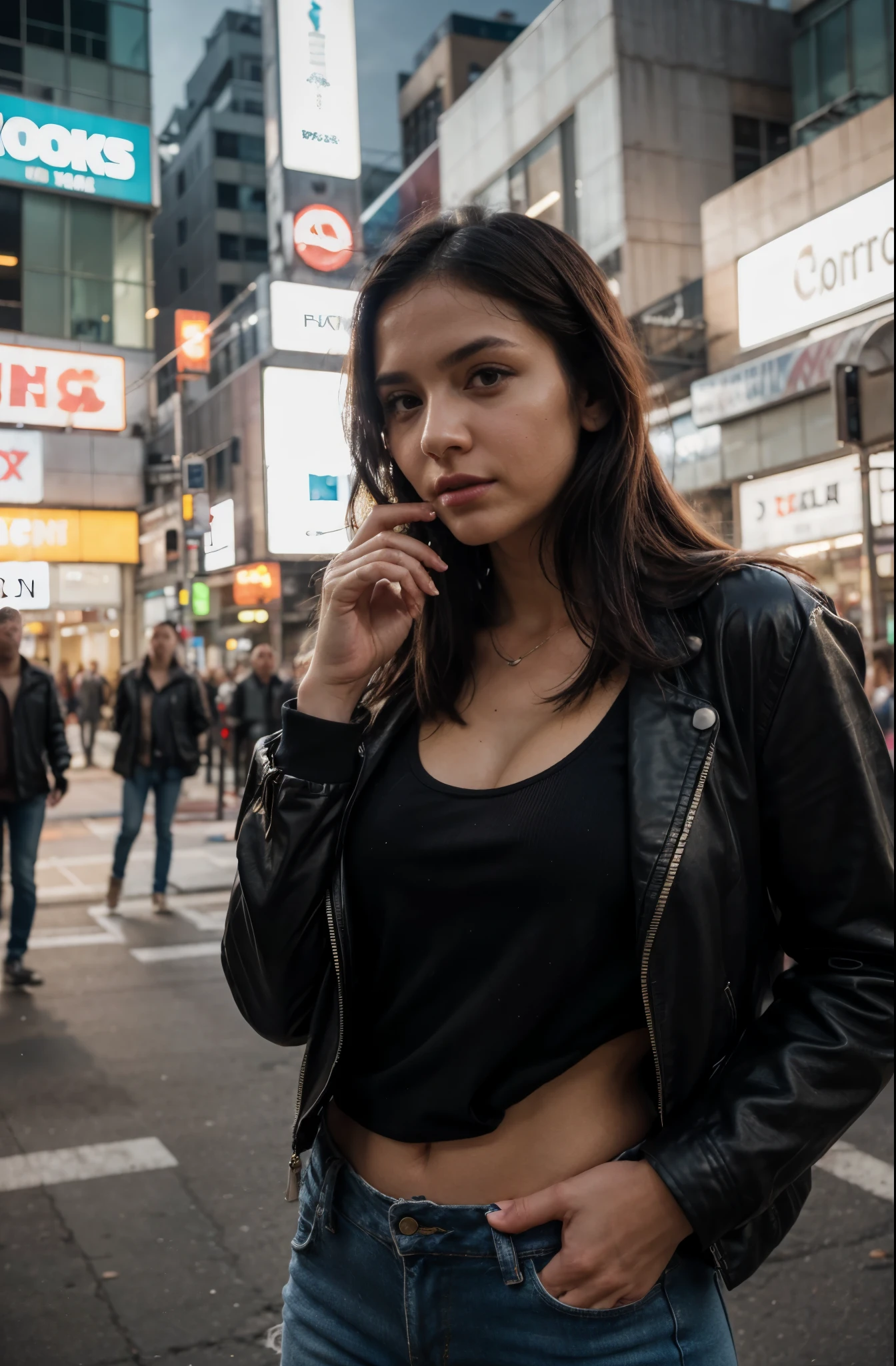 one beautiful woman, rebel, oval face, senseful lips, big brown eyes, 30 years old, slim sporty body, middle size breast, on a street surrounded by neon lights, cyberpunk lighting conditions, 3/4 body, half-side view, wearing black torn jeans, white tshirt and leather jacken, tail hair, bad girl, hands in the pockets, dangerous woman, rebelious look, clothes are whole and consitant, no text, backgorund blurred, cinematic lighting, motion blur, film grain, very detailed, 30 years, dark brown eyes, high-res, masterpiece, best quality, intricate details, highly detailed, sharp focus, detailed skin, realistic skin texture, texture, detailed eyes, professional, 4k, 85mm, shallow depth of field, perfect fit body, extremely detailed, photo_\(ultra\), photorealistic, realistic, post-processing, maximum detail, roughness, real life, ultra realistic, photorealism, photography, 8k uhd, photography (grain of film) medium shot for closeup shot, longer slimer face, perfect face, HIDDEN HANDS, LONG OVAL FACE, PERFEC FACE, SLIM LONG FACE, LOVELY FACE