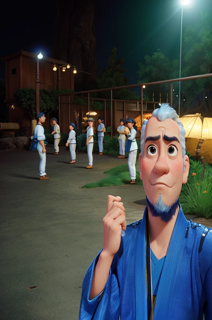 there is a man in a blue kimono ready to fight, estilo Disney pixar , melhor qualidade 