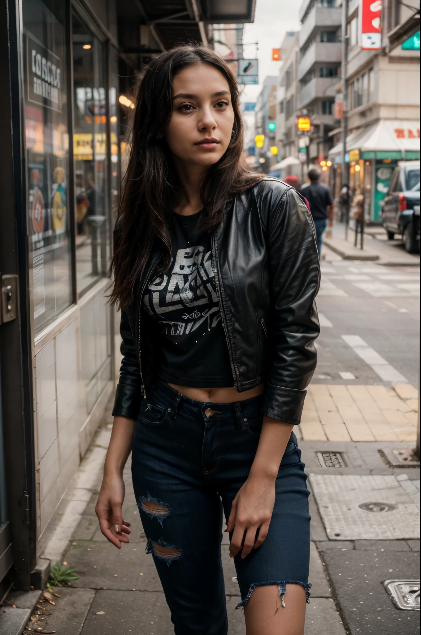 one beautiful woman, rebel, oval face, senseful lips, big brown eyes, 30 years old, slim sporty body, middle size breast, on a street surrounded by neon lights, cyberpunk lighting conditions, 3/4 body, half-side view, wearing black torn jeans, white tshirt and leather jacken, tail hair, bad girl, hands in the pockets, dangerous woman, rebelious look, clothes are whole and consitant, no text, night time, backgorund blurred, cinematic lighting, motion blur, film grain, very detailed, 30 years, dark brown eyes, high-res, masterpiece, best quality, intricate details, highly detailed, sharp focus, detailed skin, realistic skin texture, texture, detailed eyes, professional, 4k, 85mm, shallow depth of field, perfect fit body, extremely detailed, photo_\(ultra\), photorealistic, realistic, post-processing, maximum detail, roughness, real life, ultra realistic, photorealism, photography, 8k uhd, photography (grain of film) medium shot for closeup shot, longer slimer face, perfect face, HANDS ARE HIDDEN