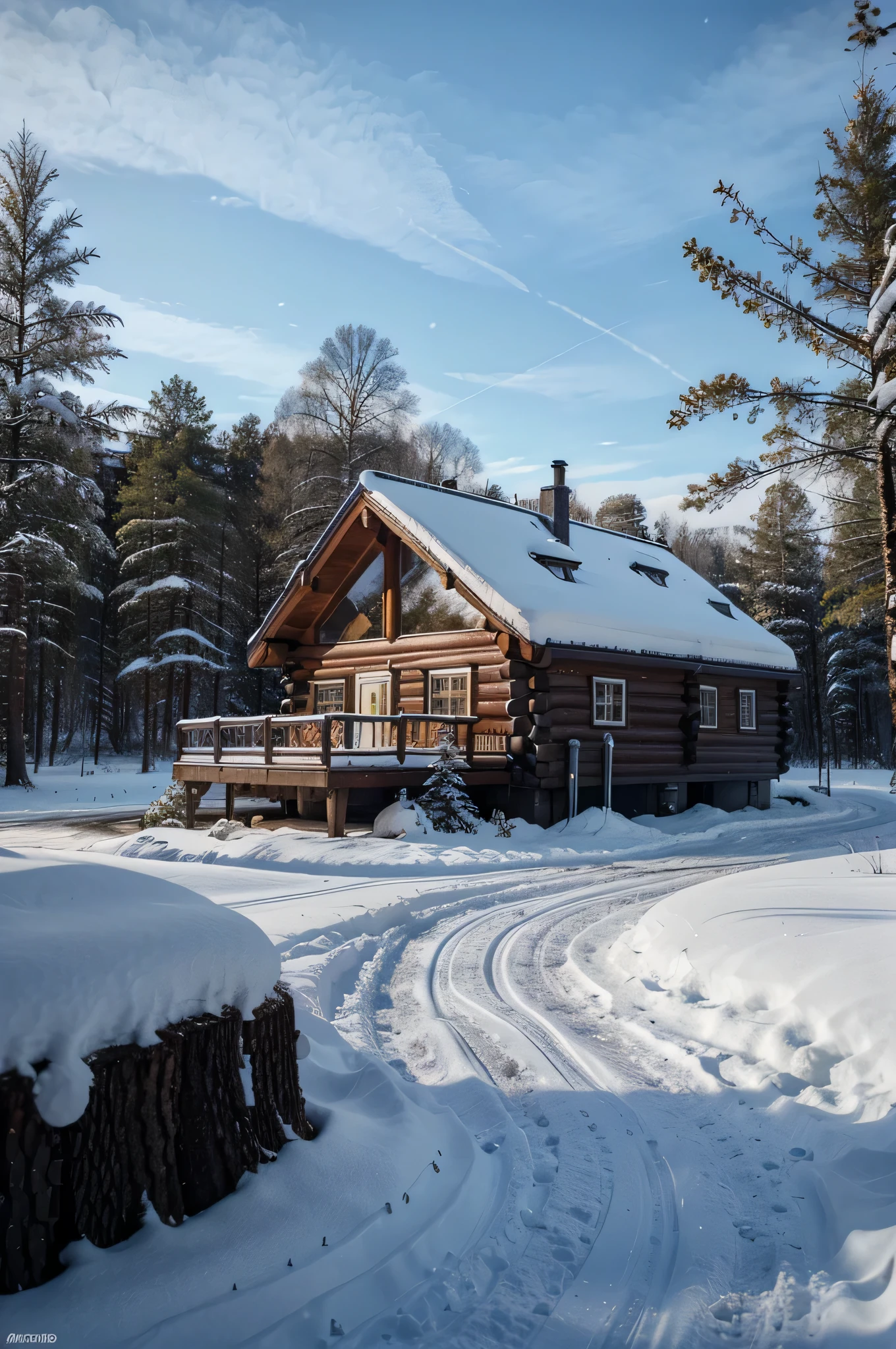 hyper-realistic picture of swedish log cabin in swedish wilderness, wintertime, snow, trees, nature, beautiful scenery, picture from distance, UHD, masterpiece, 4K, 8k, 16k