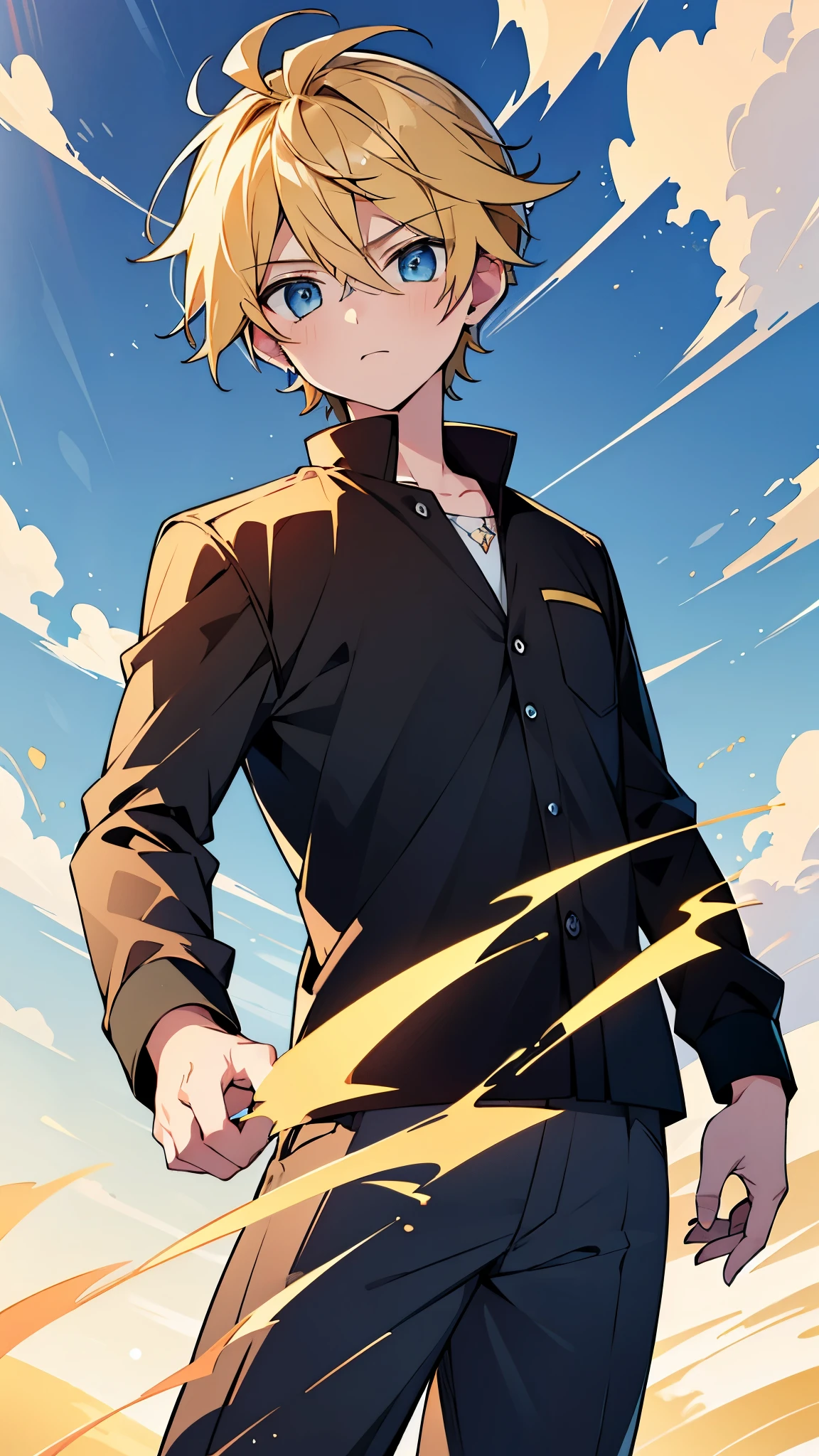 ,highres,wallpaper,solo,original,illustration,blue eyes,yellow hair,masterpiece,male,male focus,boy, ((masterpiece)),(((best quality))), (high-quality, breathtaking), (expressive eyes, perfect face), 1boy, solo, male,sky, day,shorts,black shirt,short hair:1.2,少年,