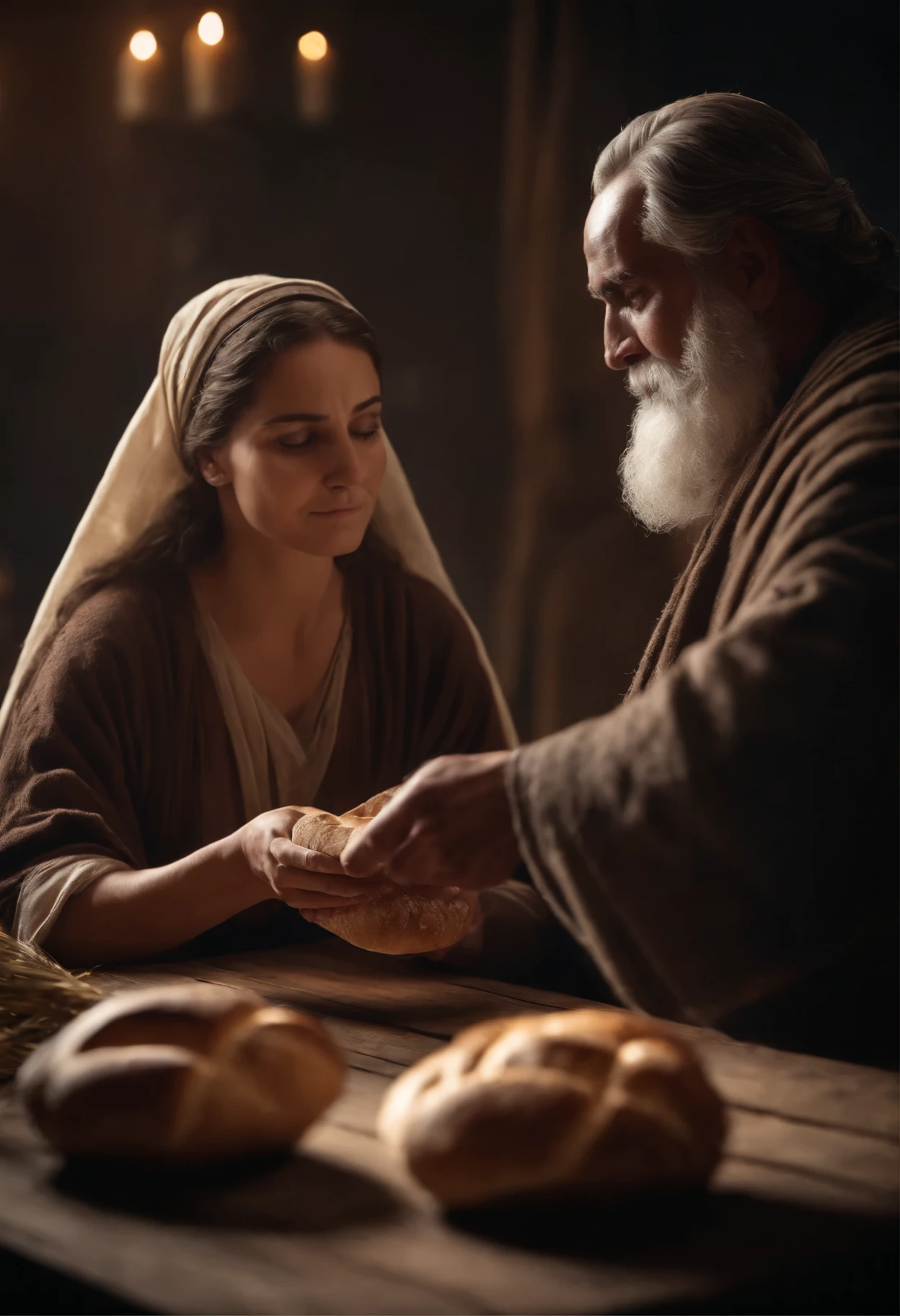 Abraham Father of Nations Biblical Character, handing bread to a woman, imagem realista 8k
