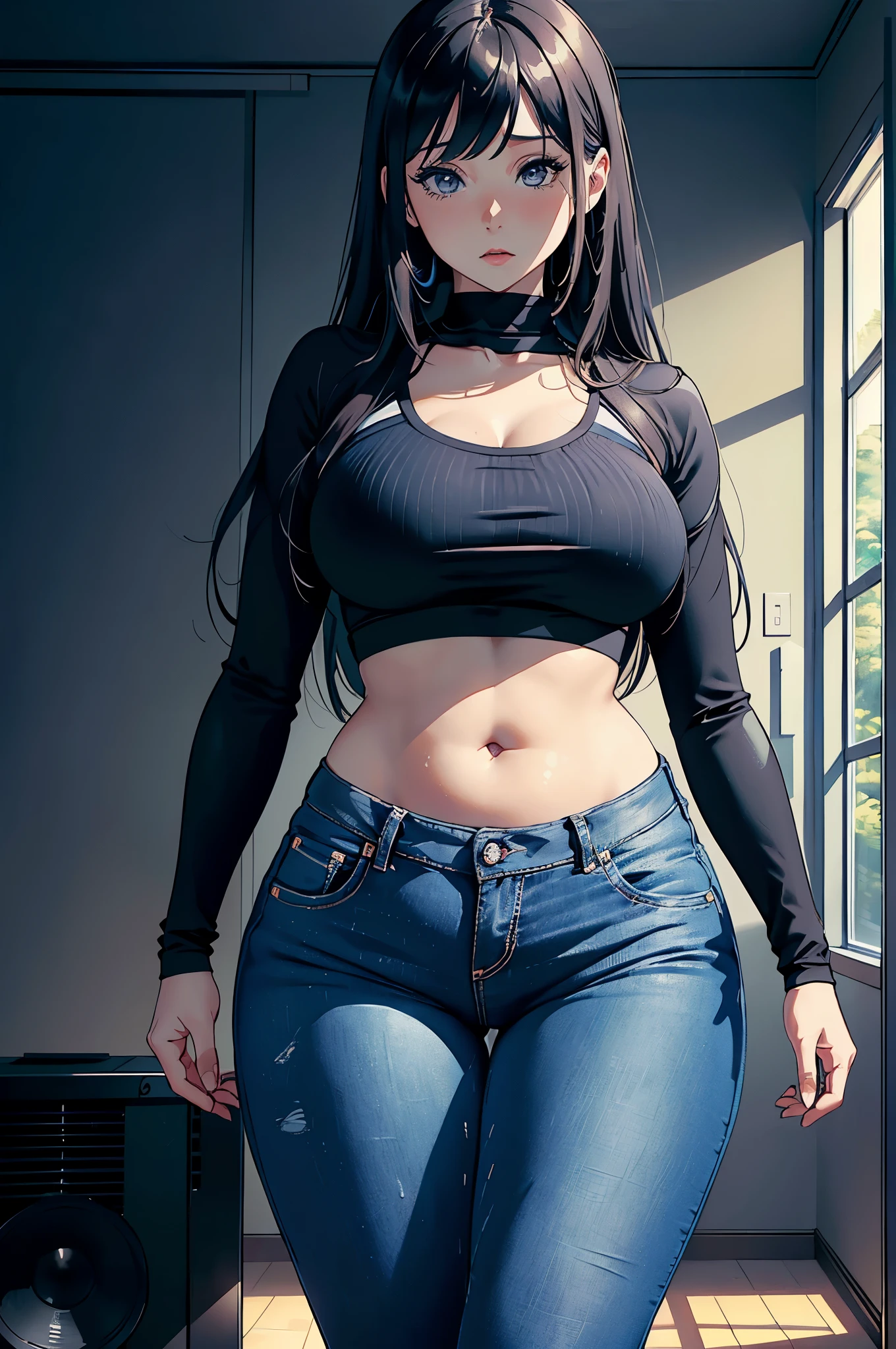 (Hinata Hinata, Very , wearing tight clothes, big, Thick legs, Wearing extremely tight jeans, wearing a mini shirt, There  leakage in the belly button, long hair, Speakers at the back, Very realista, Very, 8k, 8K  extremely detailed), (extremely delicate and beautiful), (masterpiece), (better quality: 1.0), (ultra high definition:1.0)