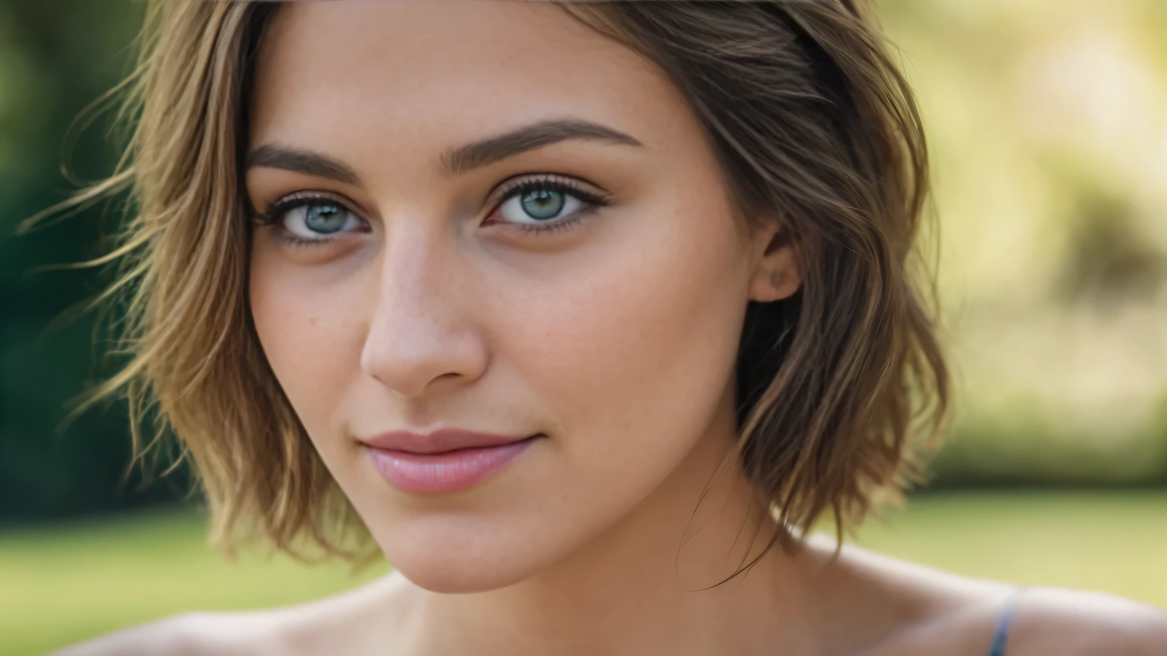 nice smile, small eyes are green, beautiful european model, Close-up shot of only the face, 1 Girl with a beautiful face, Beautiful woman with a smile, (table top, highest quality, High resolution:1.4), 1 girl, Texture of skin pores, photograph, movie, movie, whole body, realistic, (8K, RAWphotograph, highest quality, table top:1.2), (realistic, photo-realistic:1.33), highest quality, Natural light, Depth of bounds written, film grain, sharp, detailed and realistic portrait of a woman, stare at the camera, chapped lips, soft Natural light, のポートレートphotograph, 魔法のphotograph撮影, dramatic lighting, photorealism, super detailed, intimate portrait composition, Leica 50mm, short hair