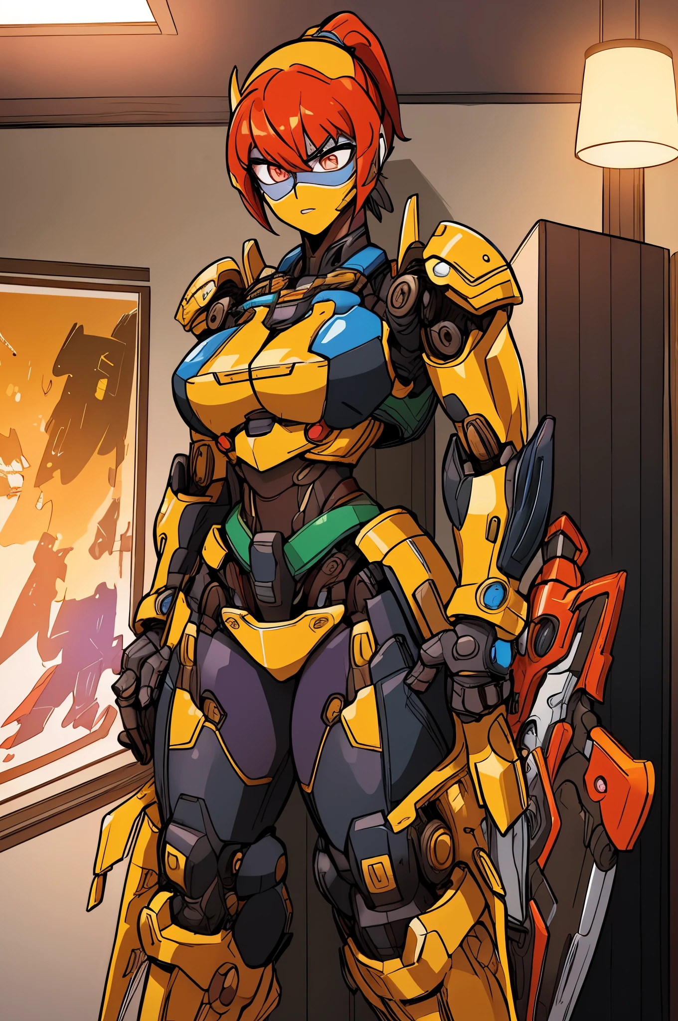 (masterpiece, best quality:1.2), Use bold lines, vibrant colors, hand-drawn, exaggerated expressions to depict the characters and elements within the scene, detailed face, detailed eyes, mecha lady, fully robotic, futuristic, ponytail, short hair, large breasts, elegant woman, office, indoors, full body, protagonist, in the center with a tunic. Princess-like, Add intricate designs on the character's clothing and weapon to make the artwork more detailed and fantastical.