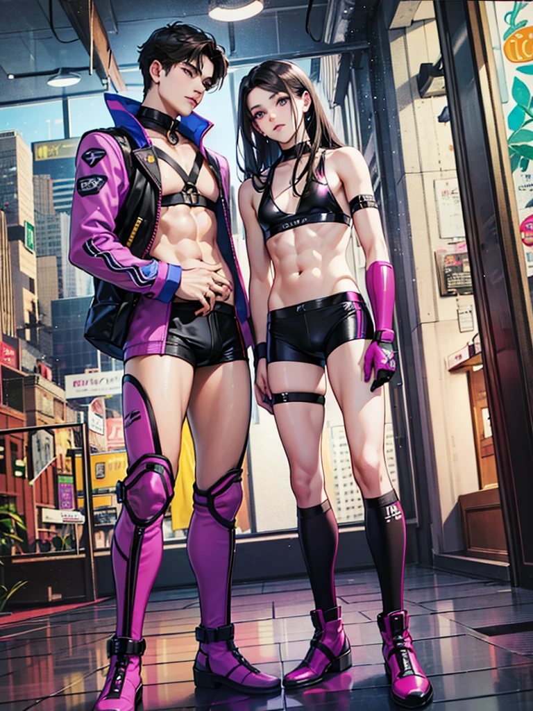  (((two men in the frame))), Beautiful (((man))), interaction, Wedding, идеальный man, a male, White skin, Perfect skin, High quality, Black hair, ((Purple eyes)), black long hair, emphasis on beautiful legs, perfect anatomy, determined expression, small waist