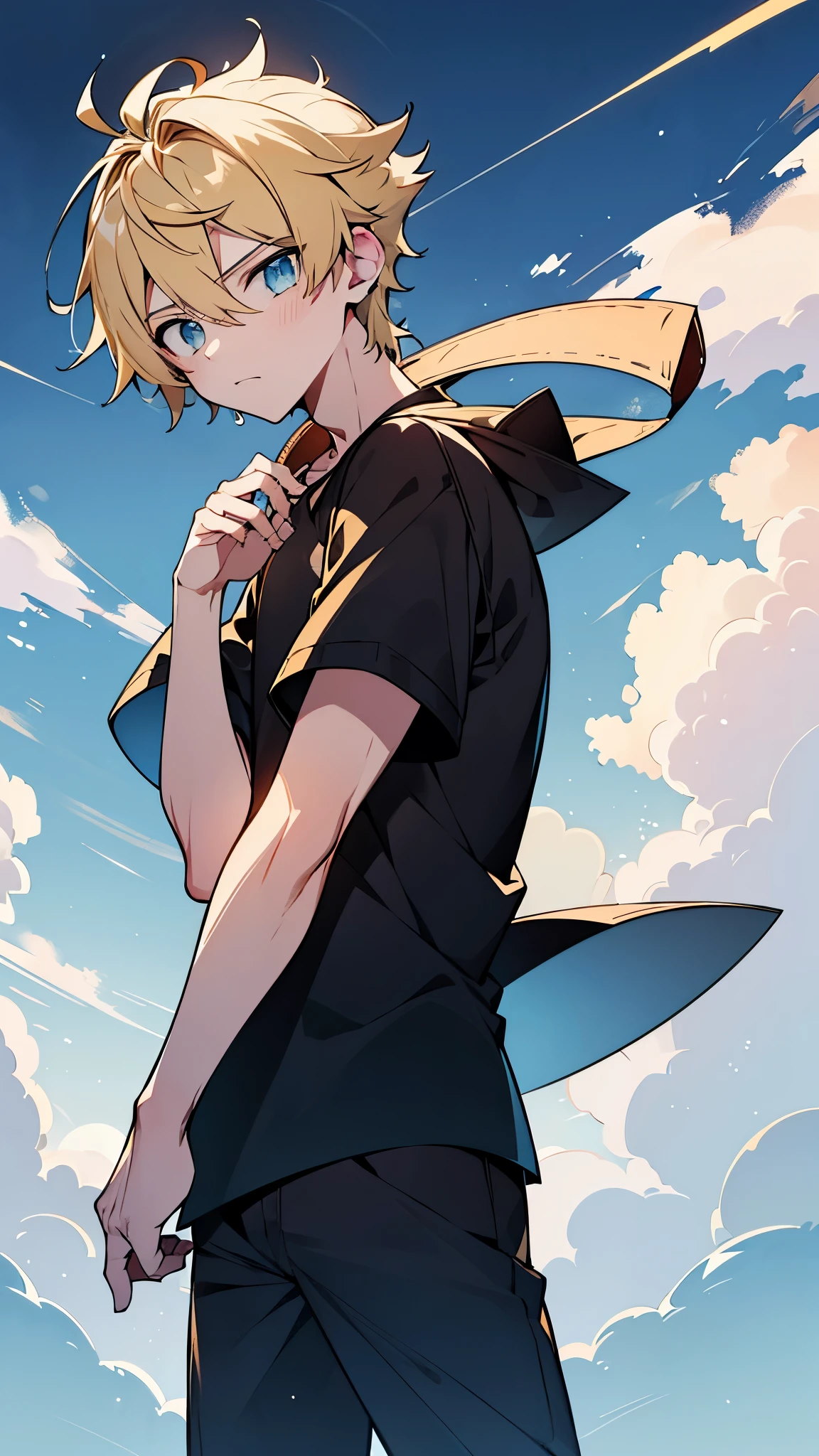 ,highres,wallpaper,solo,original,illustration,blue eyes,yellow hair,masterpiece,male,male focus,boy, ((masterpiece)),(((best quality))), (high-quality, breathtaking), (expressive eyes, perfect face), 1boy, solo, male,sky, day,shorts,black shirt,short hair:1.2,少年,