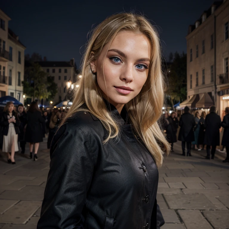 (Blonde air)(blue eyes)(about 25 years old)(prominent lips)(night background)(outdoor in a square with many people behind)(with elegant black coat)(smiling)