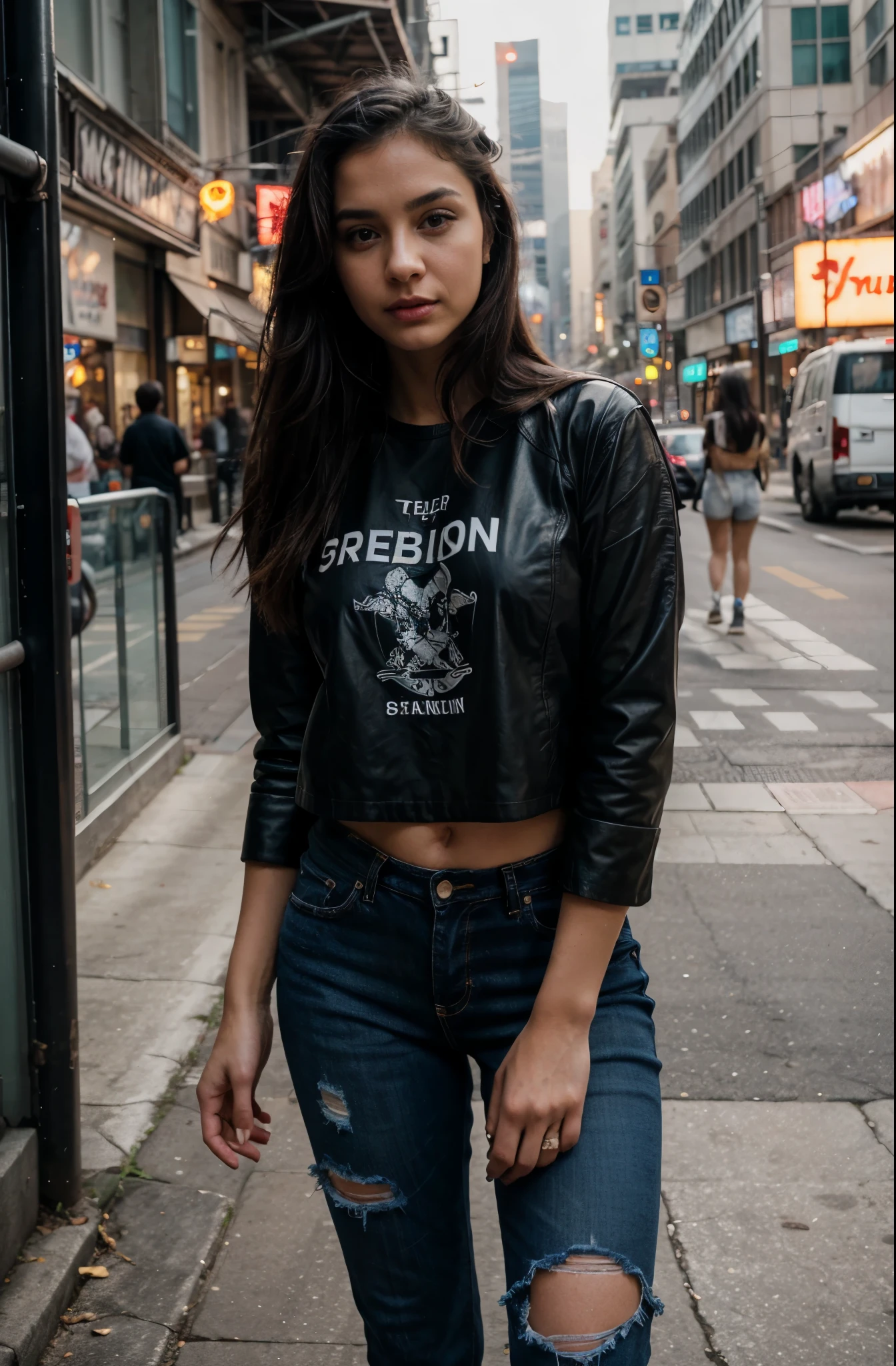 one beautiful woman, rebel, oval face, senseful lips, big brown eyes, 30 years old, slim sporty body, middle size breast, on a street surrounded by neon lights, cyberpunk lighting conditions, 3/4 body, half-side view, wearing black torn jeans, white tshirt and leather jacken, tail hair, bad girl, hands in the pockets, dangerous woman, rebelious look, clothes are whole and consitant, no text, night time, backgorund blurred, cinematic lighting, motion blur, film grain, very detailed, 30 years, dark brown eyes, high-res, masterpiece, best quality, intricate details, highly detailed, sharp focus, detailed skin, realistic skin texture, texture, detailed eyes, professional, 4k, 85mm, shallow depth of field, perfect fit body, extremely detailed, photo_\(ultra\), photorealistic, realistic, post-processing, maximum detail, roughness, real life, ultra realistic, photorealism, photography, 8k uhd, photography (grain of film) medium shot for closeup shot, longer slimer face, perfect face, HANDS ARE HIDDEN