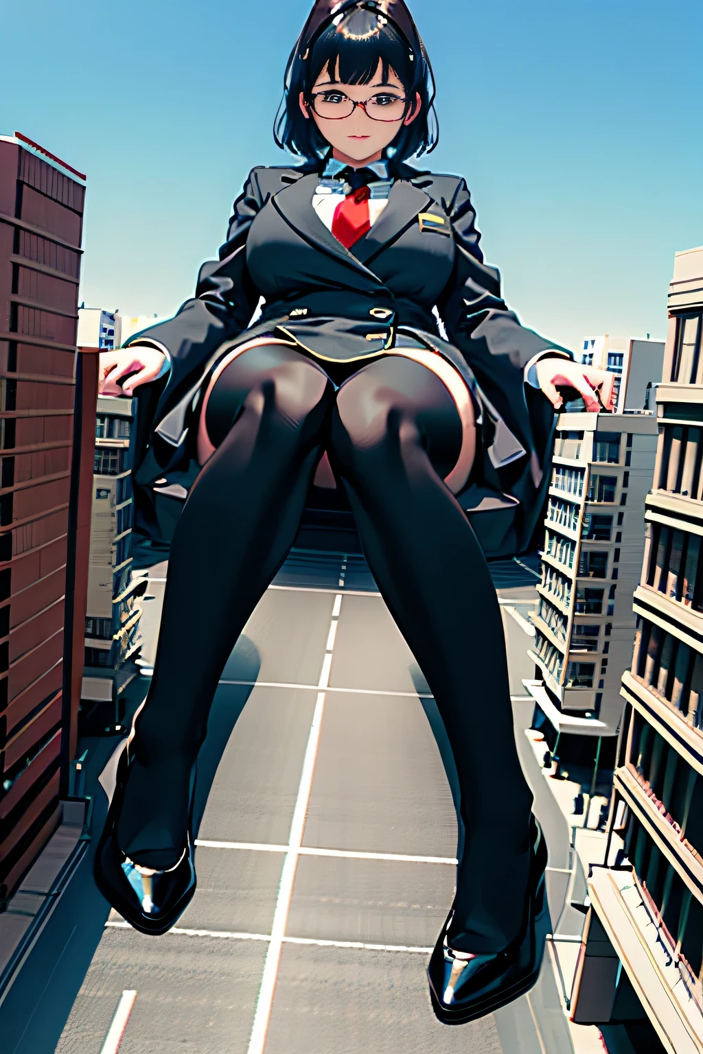 Giant娘 art, surreal high school girl, 非常に詳細なGiantショット, Giant, short hair, a huge high school girl、&#39;It&#39;s much bigger than a skyscraper, wearing rimless glasses, big breasts, big ass, navy blue blazer, red tie, mini length skirt, black pantyhose, Don't wear shoes., miniature metropolis, 私たちは非常にsmall battleshipに攻撃されています., ＧＴＳ, giga Giant娘, Giant娘, crashed battleship, small battleship, micro battleship,