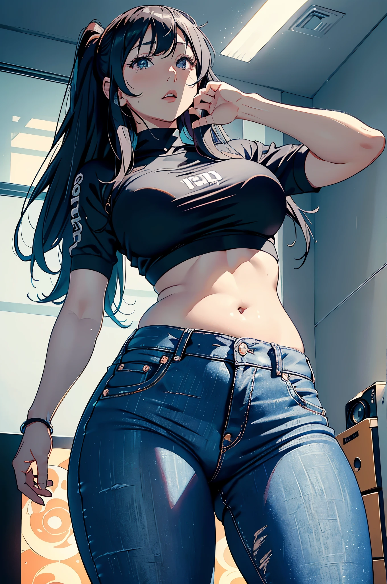(Hinata Hinata, Very , wearing tight clothes, big, Thick legs, Wearing extremely tight jeans, wearing a mini shirt, There  leakage in the belly button, long hair, Speakers at the back, Very realista, Very, 8k, 8K  extremely detailed), (extremely delicate and beautiful), (masterpiece), (better quality: 1.0), (ultra high definition:1.0)