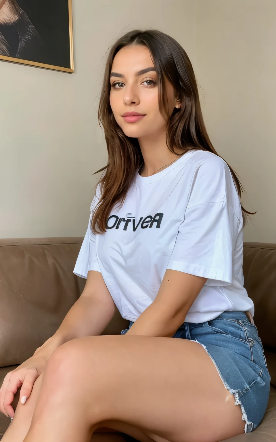 cute beautiful brunette, wearing an oversized t-shirt, sitting on living room couch, sitting with legs crossed ,full body, perfect angle, very detailed, 23 years old, flirty face, messy long hair, brown eyes, high-res, masterpiece, best quality,intricate details, highly detailed,sharp focus, detailed skin,realistic skin texture,texture, detailed eyes, professional, 4k, smile, shot on Canon, 85mm,shallow depth of field,kodak vision color, eyeshadow, extremely detailed, photo_\(ultra\), photorealistic, realistic, post-processing, max detail, roughness, real life, ultra realistic, photorealism, photography, 8k uhd, photography, braless, pokies, without makeup, natural makeup, looking directly at the camera, face with artgram, subtle makeup, large size bust