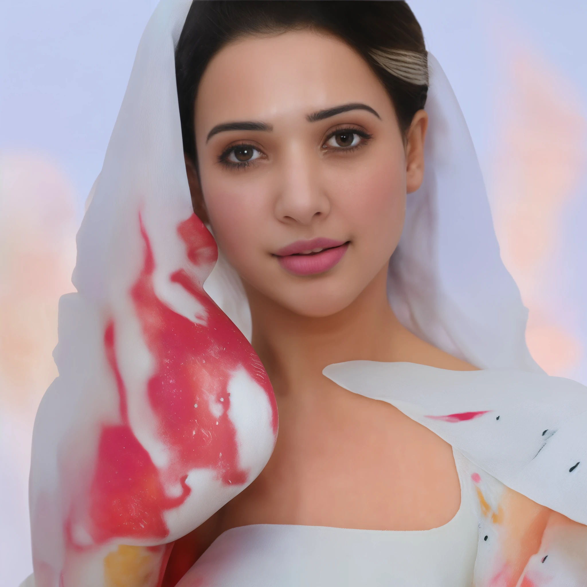 Day scene, close up photo of a indian from top view, (Masterpiece, Best Quality, High Resolution), evening Background, ((Paint Splash, Color Splash, Splash of Ink, Color Splash)), Sweet indian female actress, hour glass body shape,maroon lips, white blouse, lightly makeup,ultra realistic, realistic, look at viewer (cinematic:1.3), intricate details, (ArtStation:1.2)