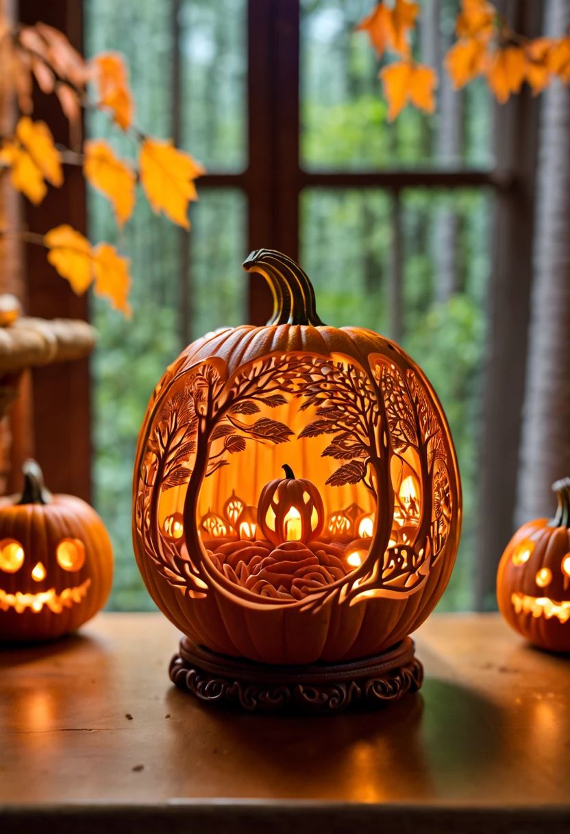 micro landscape,Pumpkin carved with fun forest pattern,Nangu lantern,南瓜内的micro landscape,Beautiful carvings on pumpkineautiful pattern,hollow,Warm candlelight inside pumpkin,