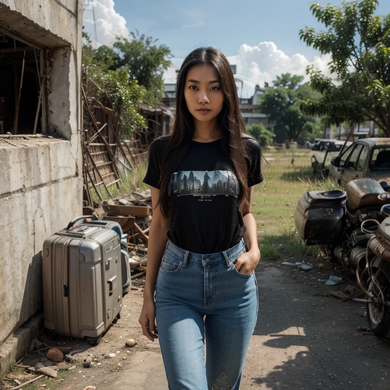 Thai Woman, look at viewer, long hair, shirt, jeans, cloud, day, sky,outdoors, post-apocalypse, ruins, scenery, tree, water,