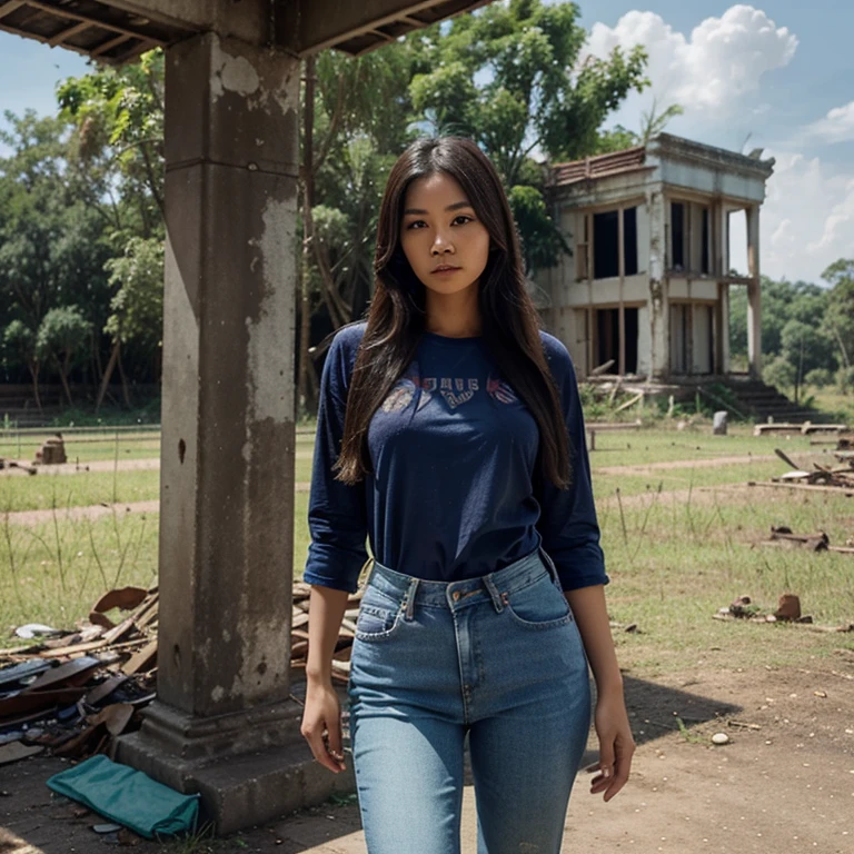 Thai Woman, look at viewer, long hair, shirt, jeans, cloud, day, sky,outdoors, post-apocalypse, ruins, scenery, tree, water,