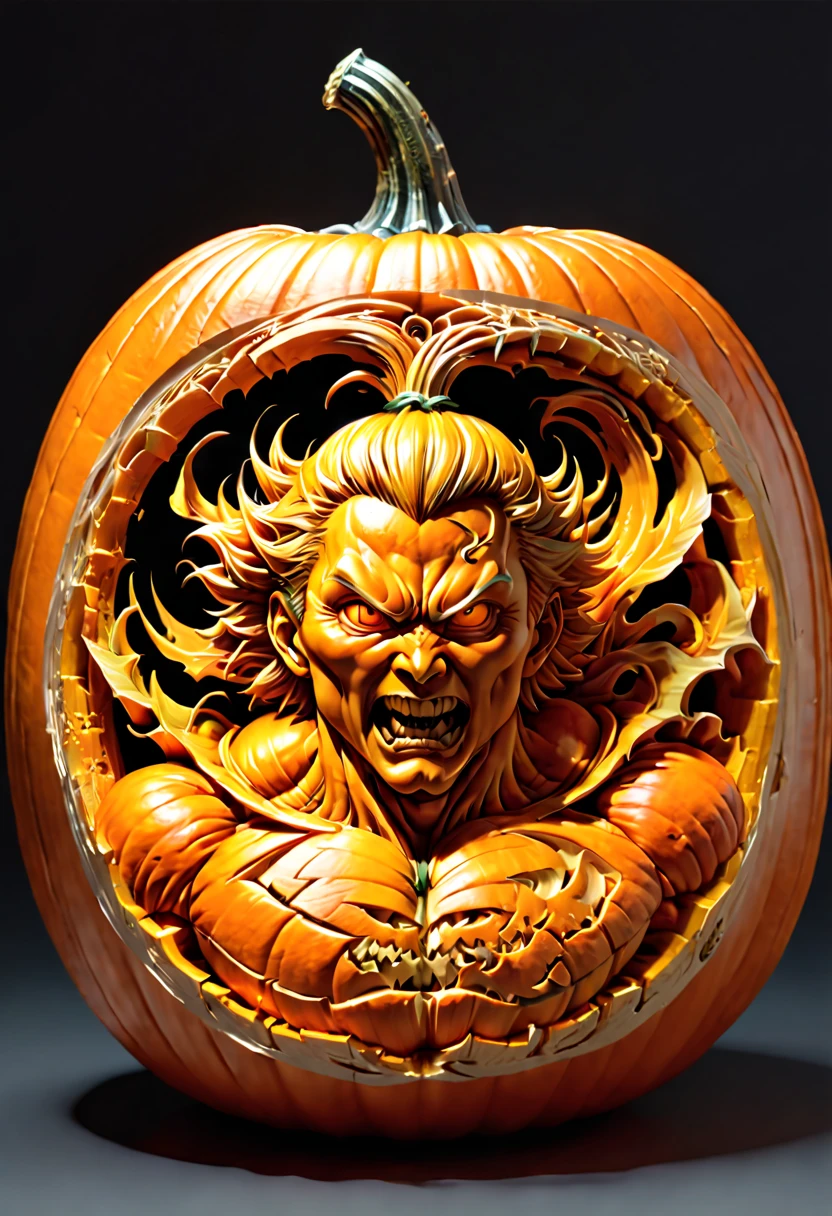 Pumpkin Carving design style, dynamic illustration by Katsuhiro Otomo and Yoji Shinkawa Carved on Pumpkin, octane render, (best quality, masterpiece, Representative work, official art, Professional, 8k:1.3)