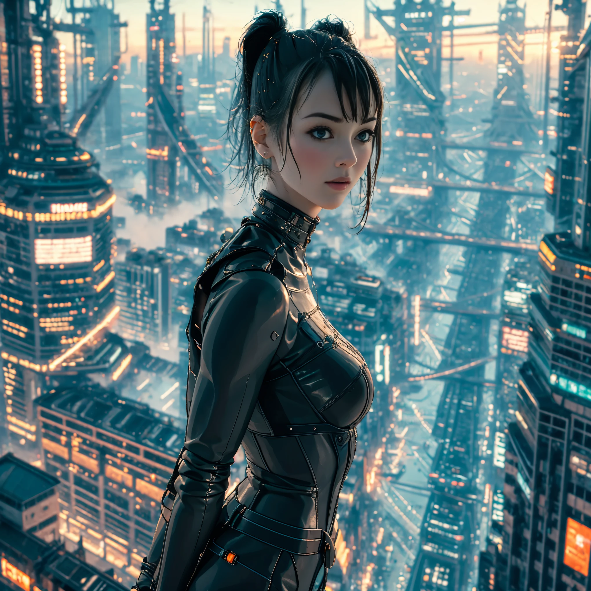 (ultra-detailed, masterpiece:1.2), extremely detailed artwork, best quality, high-resolution, hyper-realistic:1.37, attractive girl, breathtaking leap, background cityscape, realistic lighting, vibrant colors, elegant dress, flowing hair, graceful posture, mesmerizing expression, captivating eyes, delicate facial features, dynamic movement, bustling streets, towering skyscrapers, busy traffic, glowing neon signs, vibrant city life, breathtaking urban scenery, intricate architectural details, vivid city lights, bustling city ambiance, bustling streets, modern cityscape, urban energy