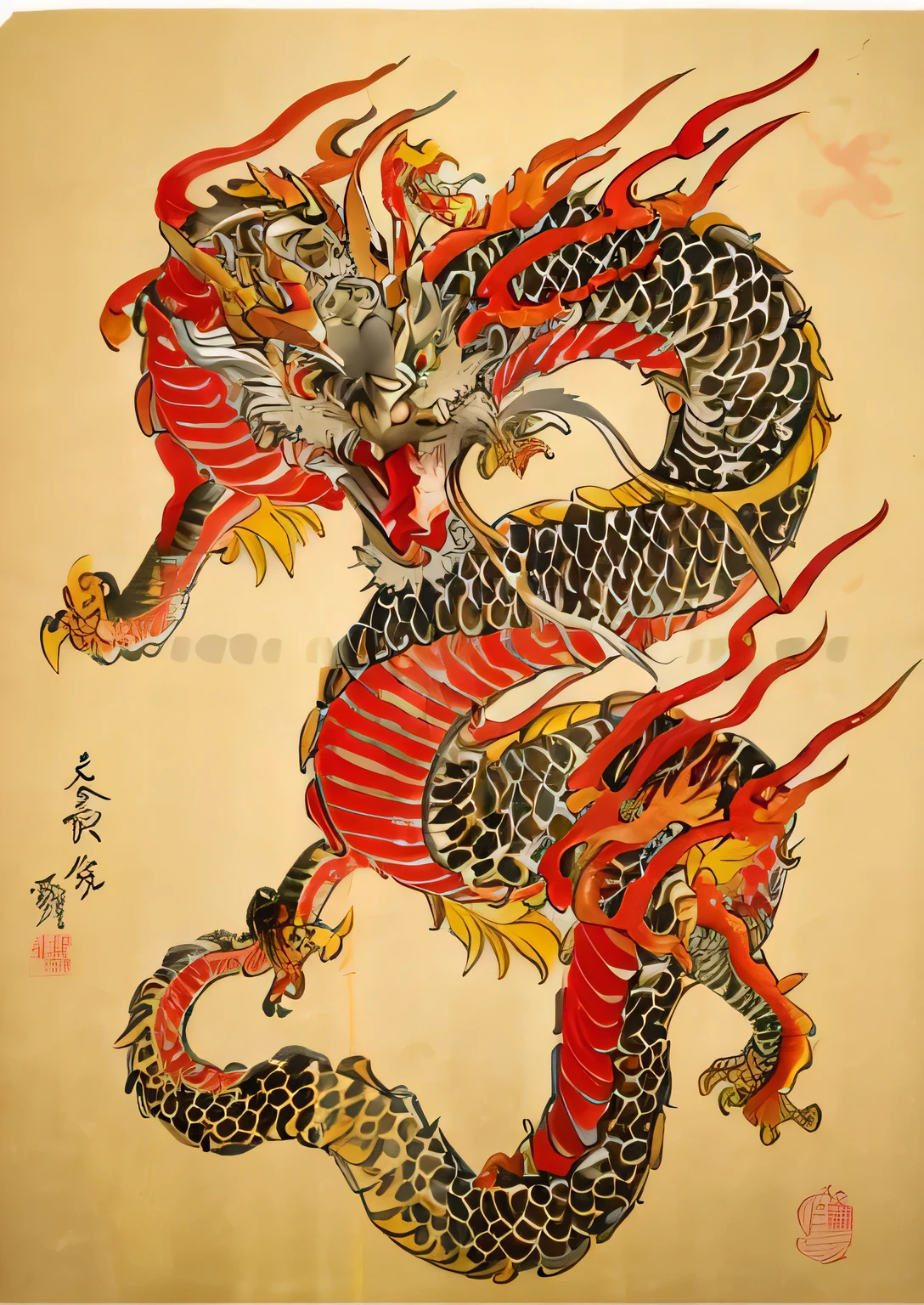 a close up of a dragon with a red and yellow tail, majestic japanese dragon, by Wen Boren, dragon art, chinese dragon, smooth chinese dragon, by Li Kan, by Kanō Tan'yū, by Nakahara Nantenbō, traditional japanese art, oil painting of dragon, by Shiba Kōkan