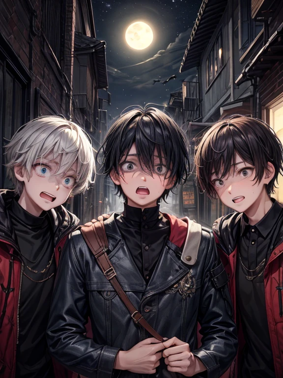 (masterpiece), best quality, high quality, dynamic light, 1boy, scared expression, open mouth, clenched teeth, upper body, face focus, night sky, dark alley, horror, from side