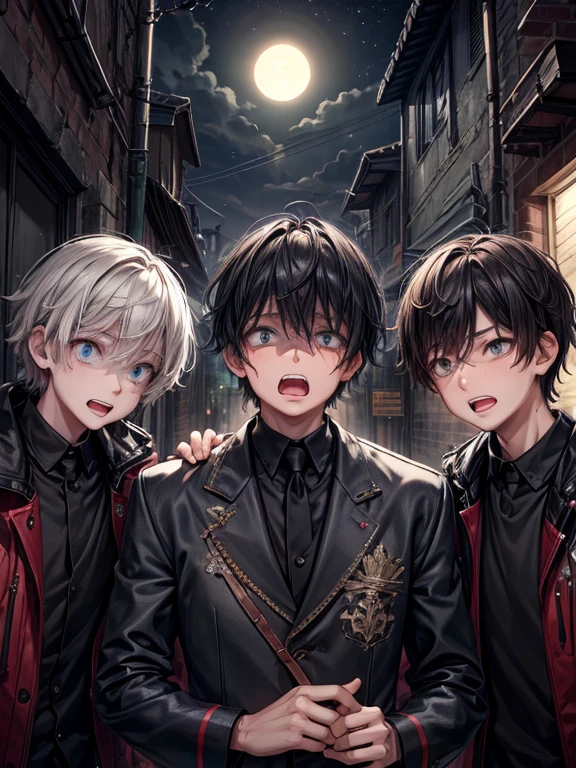 (masterpiece), best quality, high quality, dynamic light, 1boy, scared expression, open mouth, clenched teeth, upper body, face focus, night sky, dark alley, horror, from side