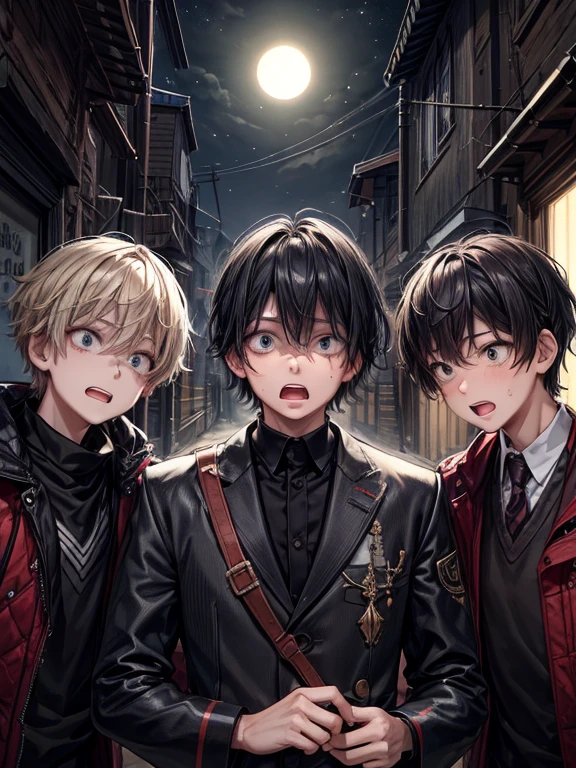 (masterpiece), best quality, high quality, dynamic light, 1boy, scared expression, open mouth, clenched teeth, upper body, face focus, night sky, dark alley, horror, from side