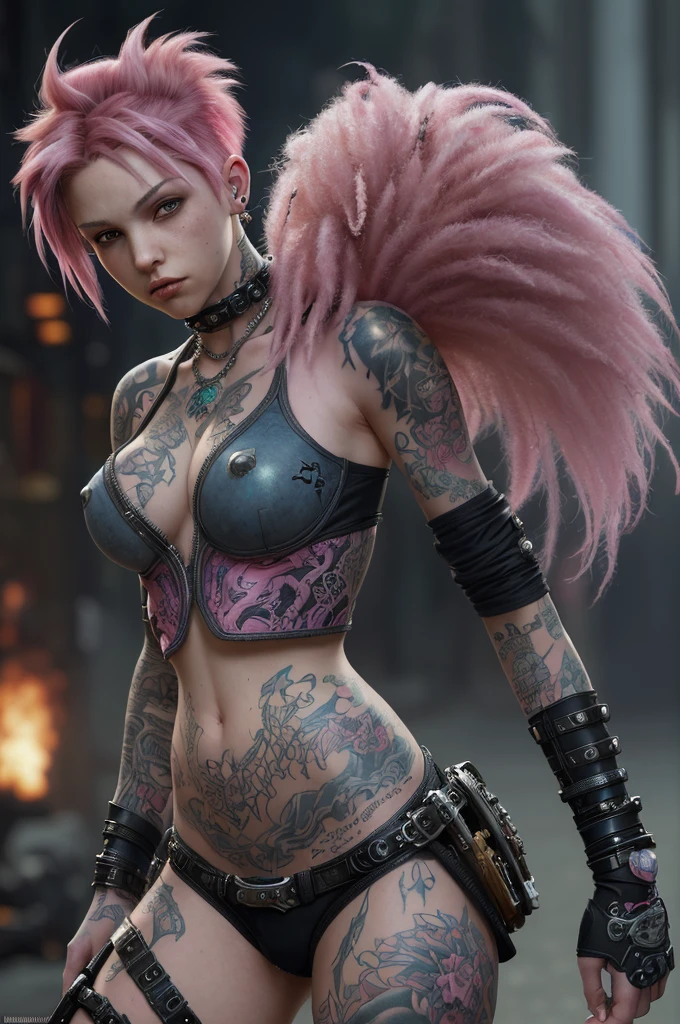 (masterpiece:1.2),ultra-detailed,(best quality), illustration, (Depth of field), punk girl with pink hair and tattoos, digital art technique style, Joe Madureira, 8k image, dark and brooding designer, Michael Malm, fantasy street