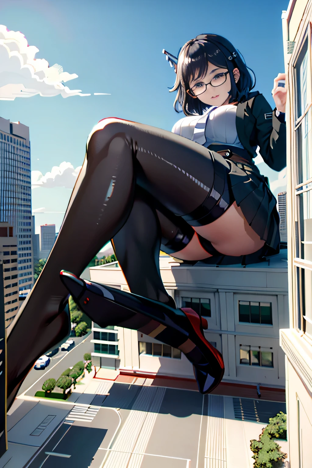 Giant娘 art, surreal high school girl, 非常に詳細なGiantショット, Giant, short hair, a huge high school girl、'It's much bigger than a skyscraper, wearing rimless glasses, big breasts, big ass, navy blue blazer, red tie, mini length skirt, black pantyhose, Don't wear shoes., miniature metropolis, 私たちは非常にsmall battleshipに攻撃されています., GTS, giga Giant娘, Giant娘, crashed battleship, small battleship, micro battleship,