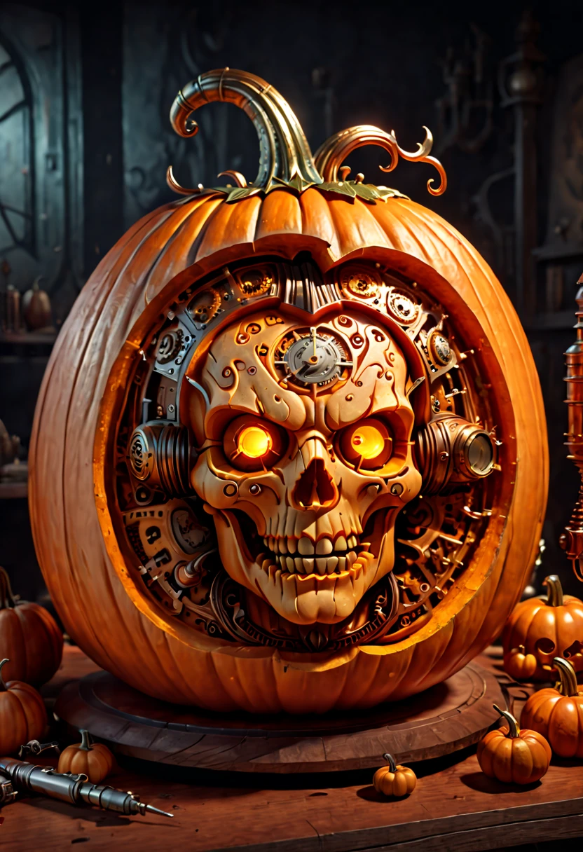 steampunk art, Pumpkin Carving design style, dynamic illustration Carved on Pumpkin, octane render, (best quality, masterpiece, Representative work, official art, Professional, 8k:1.3)