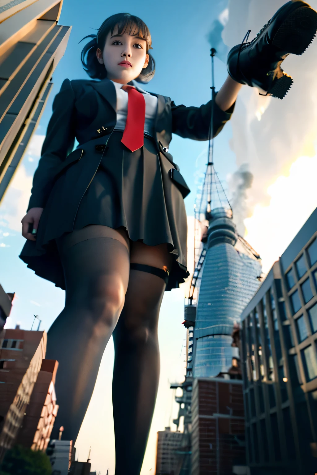 Giant娘 art, surreal high school girl, 非常に詳細なGiantショット, Giant, short hair, a huge high school girl、&#39;It&#39;s much bigger than a skyscraper, wearing rimless glasses, big breasts, big ass, navy blue blazer, red tie, mini length skirt, black pantyhose, Don't wear shoes., miniature metropolis, 私たちは非常にsmall battleshipに攻撃されています., ＧＴＳ, giga Giant娘, Giant娘, crashed battleship, small battleship, micro battleship,