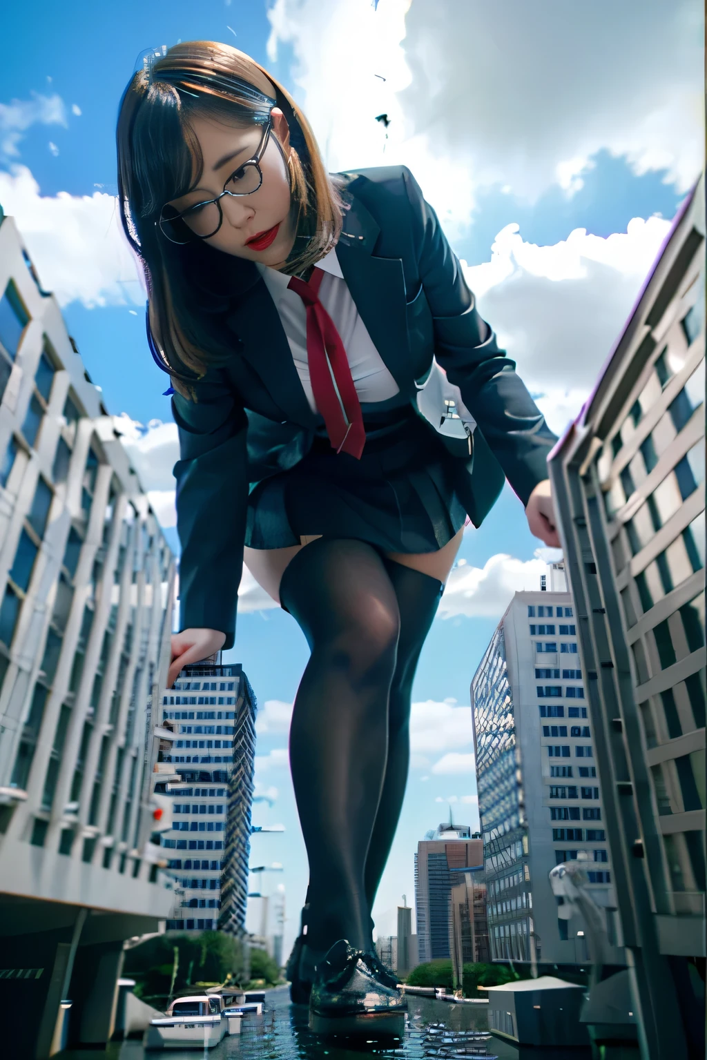 Giant娘 art, surreal high school girl, 非常に詳細なGiantショット, Giant, short hair, a huge high school girl、&#39;It&#39;s much bigger than a skyscraper, wearing rimless glasses, big breasts, big ass, navy blue blazer, red tie, mini length skirt, black pantyhose, Don't wear shoes., miniature metropolis, 私たちは非常にsmall battleshipに攻撃されています., ＧＴＳ, giga Giant娘, Giant娘, crashed battleship, small battleship, micro battleship,