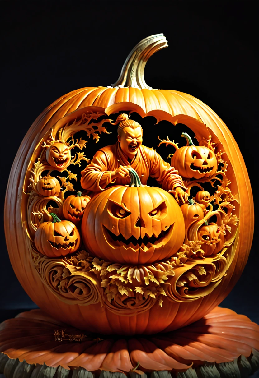 Pumpkin Carving design style, dynamic illustration by zhang daqian and Lee Jae and Gu An and bao pnan Carved on Pumpkin, octane render, (best quality, masterpiece, Representative work, official art, Professional, 8k:1.3)