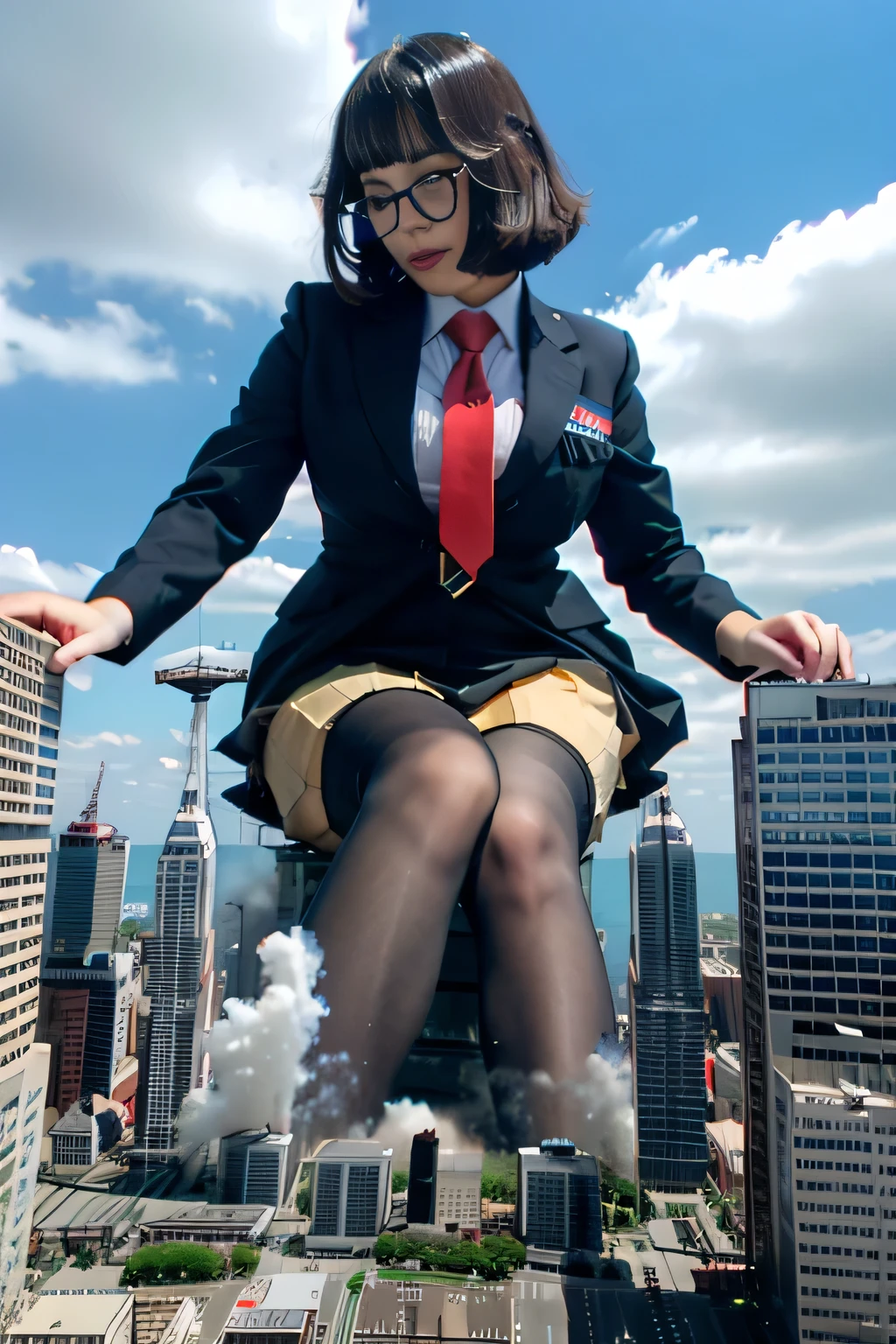 Giant娘 art, surreal high school girl, 非常に詳細なGiantショット, Giant, short hair, a huge high school girl、&#39;It&#39;s much bigger than a skyscraper, wearing rimless glasses, big breasts, big ass, navy blue blazer, red tie, mini length skirt, black pantyhose, Don't wear shoes., miniature metropolis, 私たちは非常にsmall battleshipに攻撃されています., ＧＴＳ, giga Giant娘, Giant娘, crashed battleship, small battleship, micro battleship,