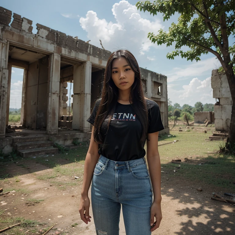Thai Woman, look at viewer, long hair, shirt, jeans, cloud, day, sky,outdoors, post-apocalypse, ruins, scenery, tree, water, y